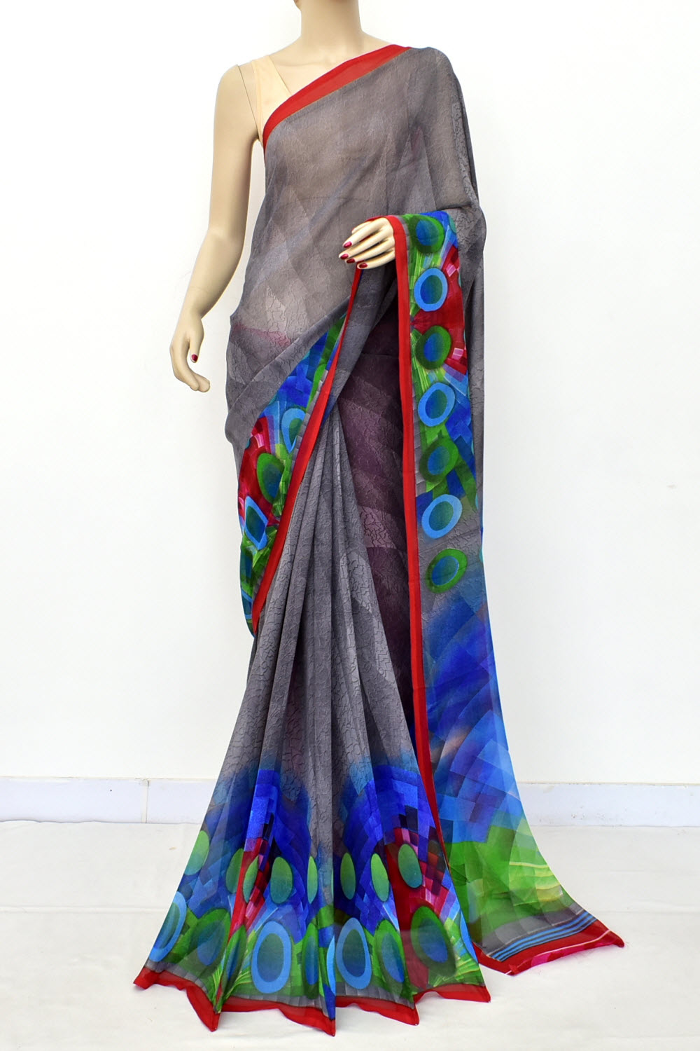 Grey Printed Georgette Saree with Blouse