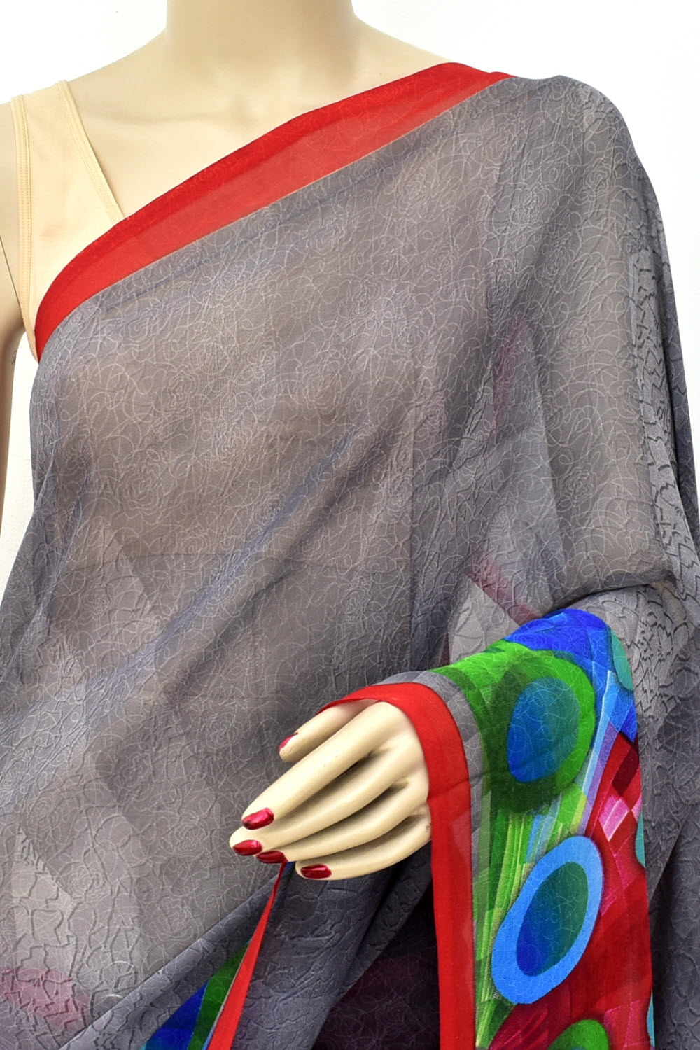 Grey Printed Georgette Saree with Blouse