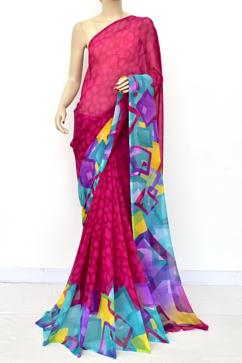 Magenta Printed Georgette Saree with Blouse