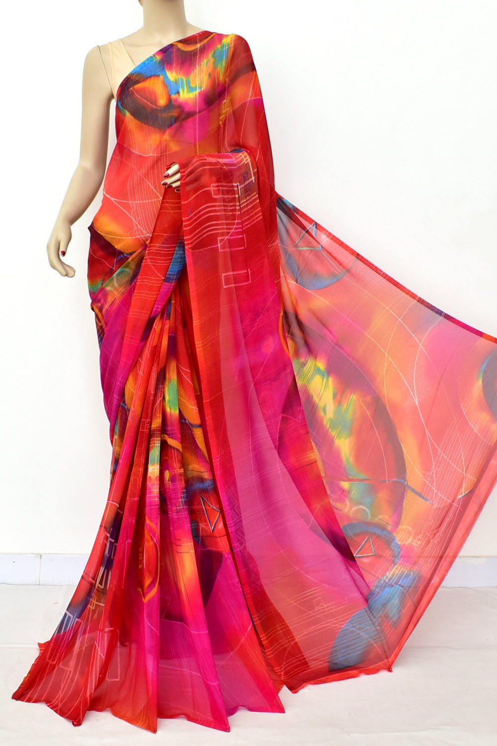 Red Printed Georgette Saree with Blouse