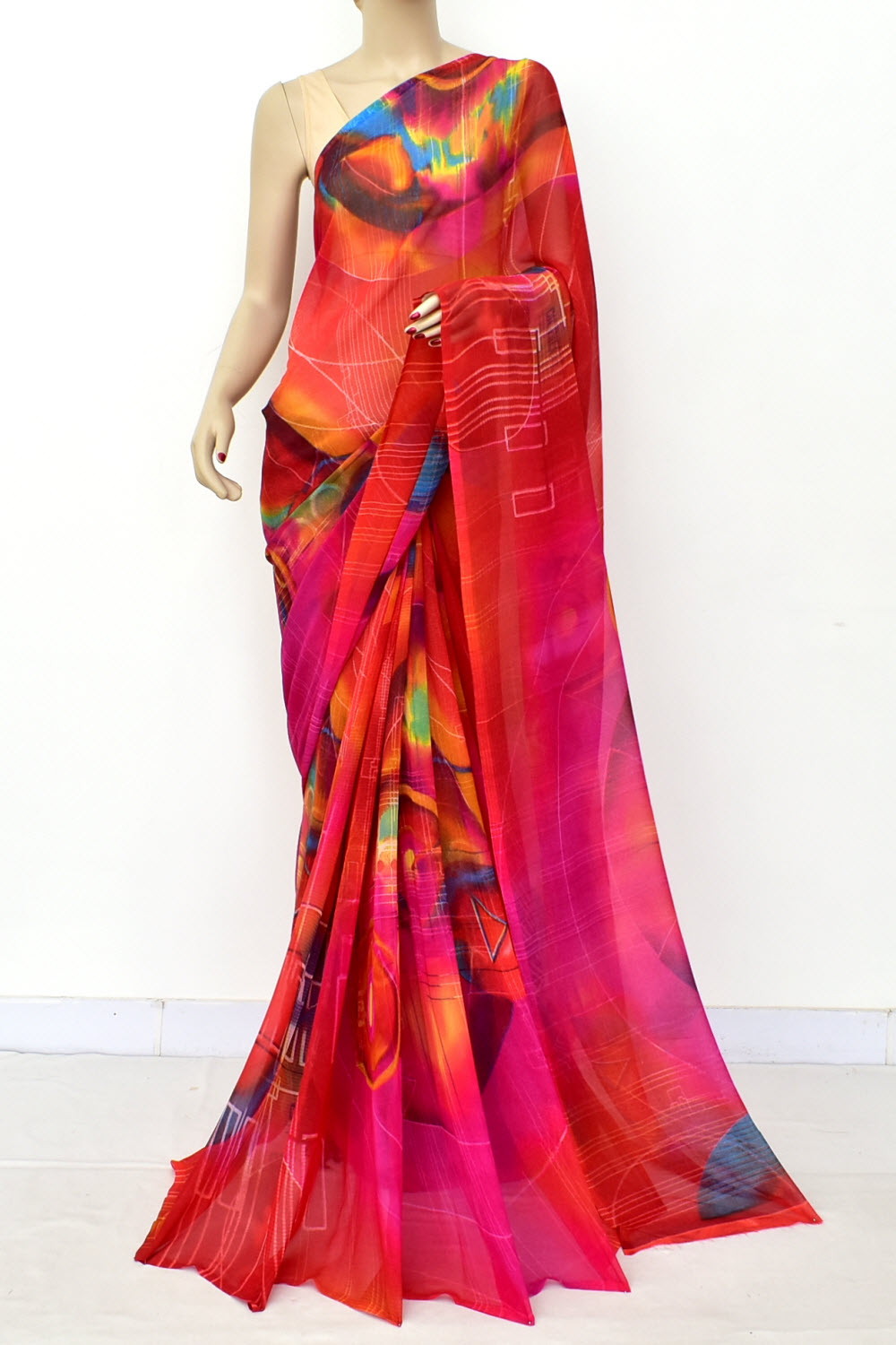 Red Printed Georgette Saree with Blouse