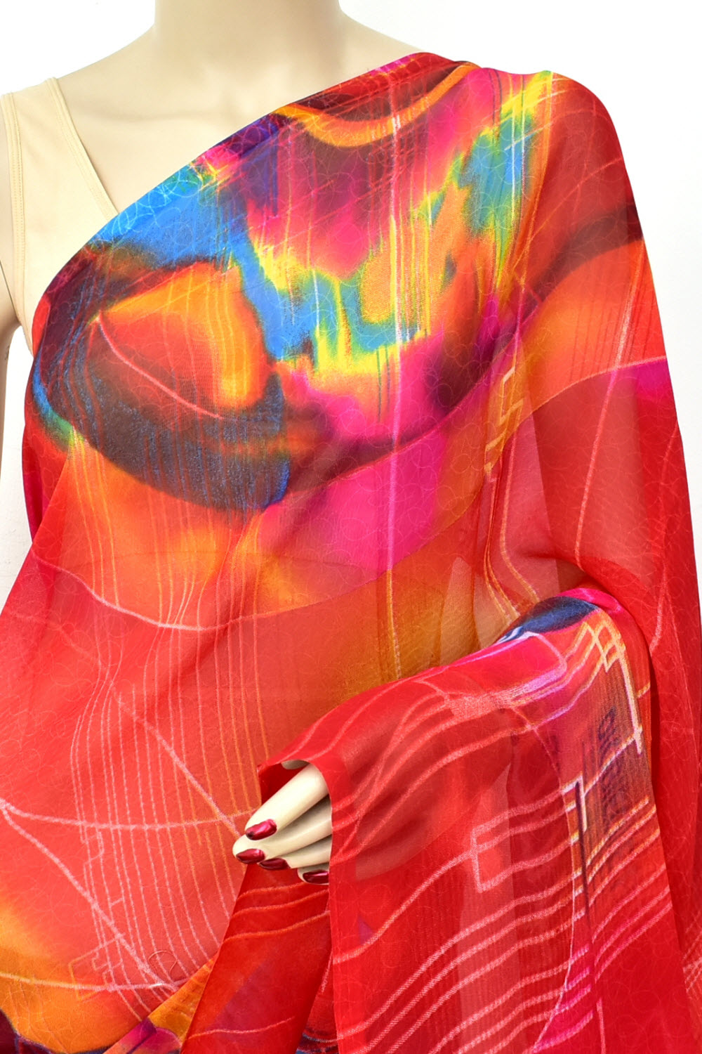 Red Printed Georgette Saree with Blouse