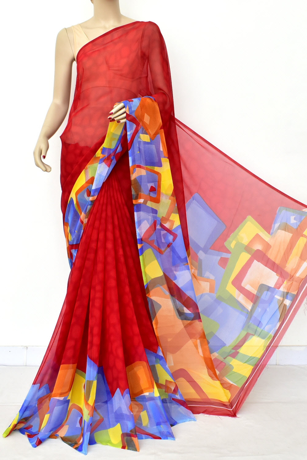 Red Printed Georgette Saree with Blouse