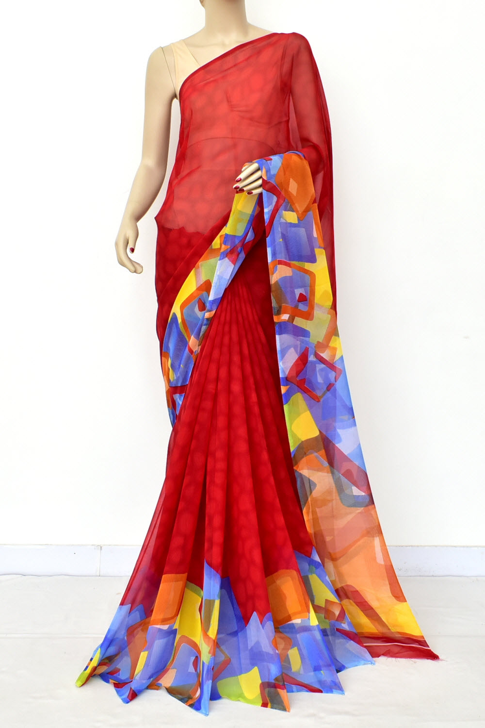 Red Printed Georgette Saree with Blouse