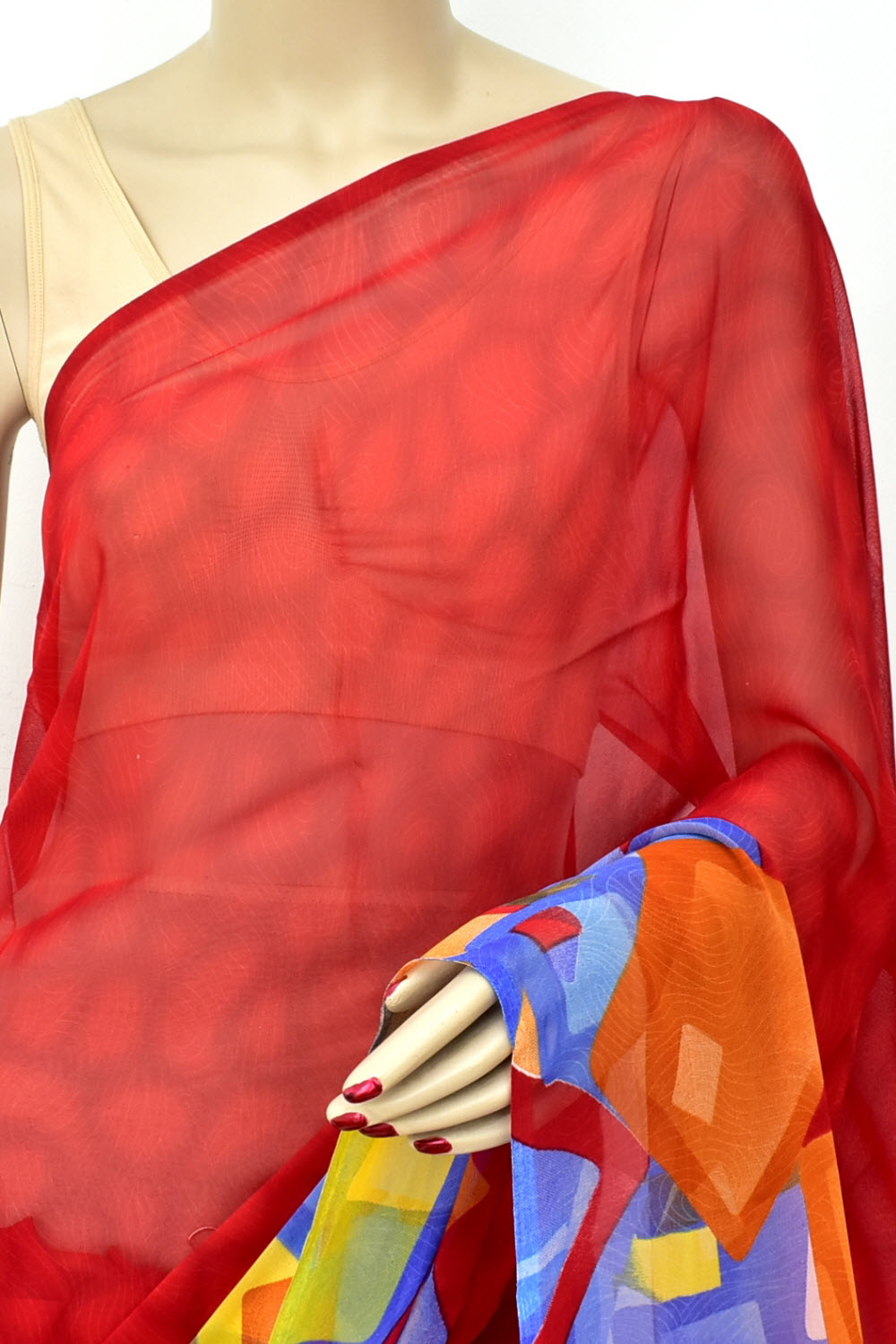 Red Printed Georgette Saree with Blouse