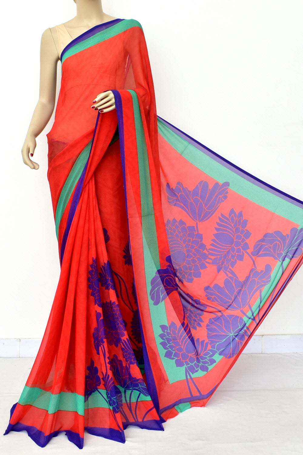 Red-Blue Printed Georgette Saree with Blouse