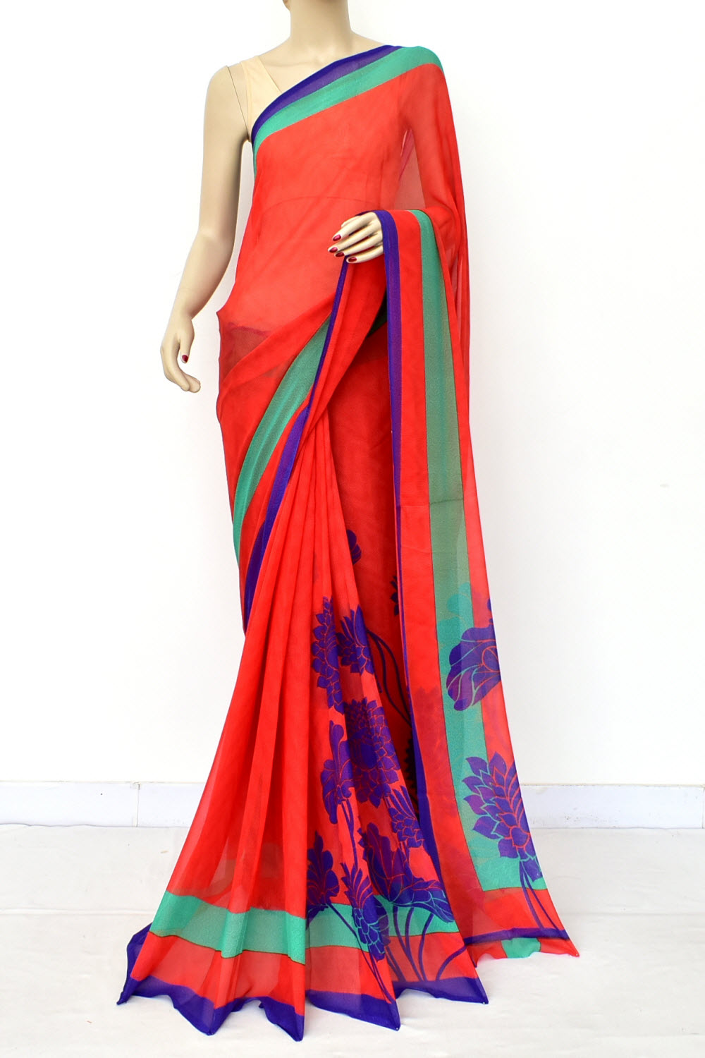Red-Blue Printed Georgette Saree with Blouse