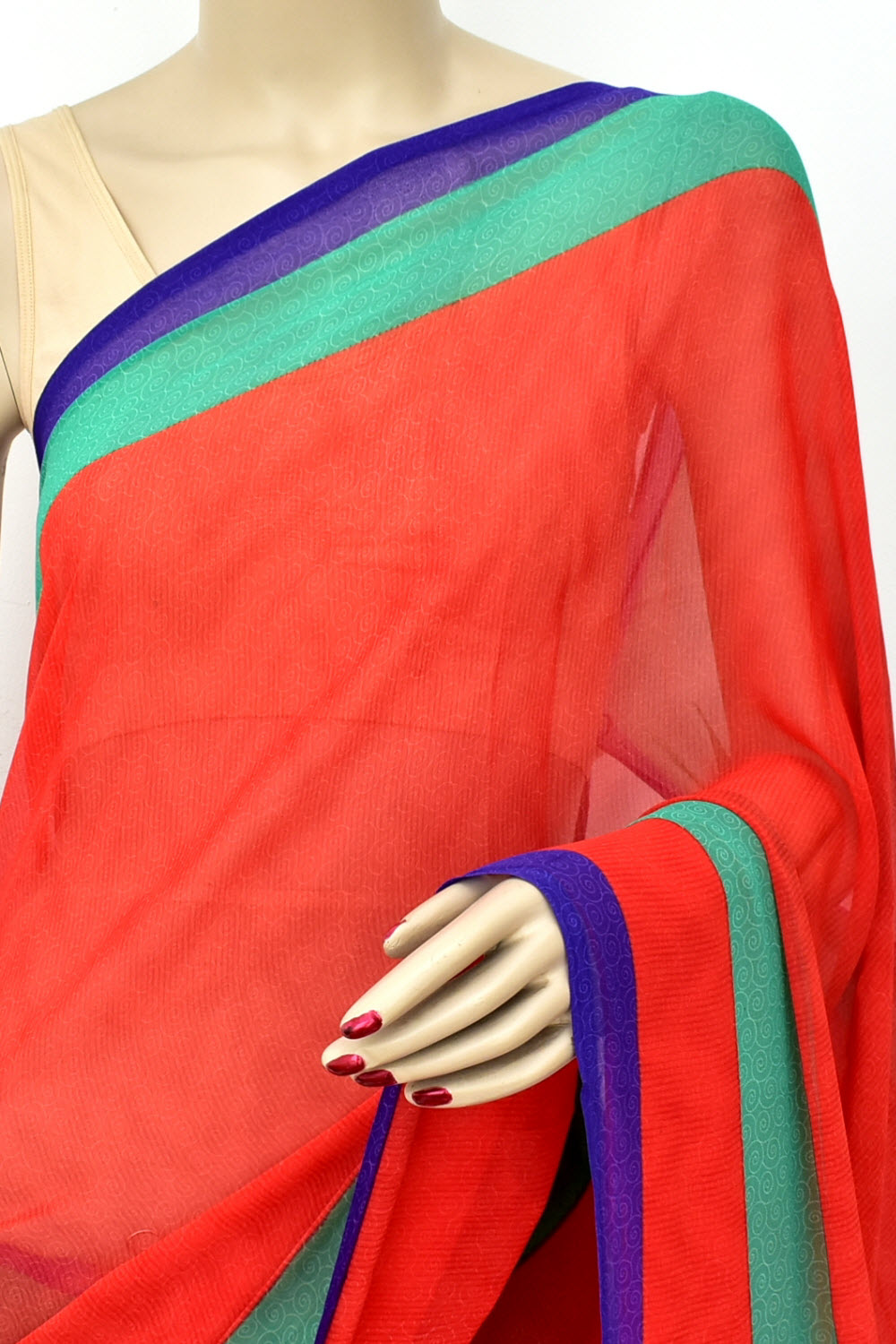 Red-Blue Printed Georgette Saree with Blouse
