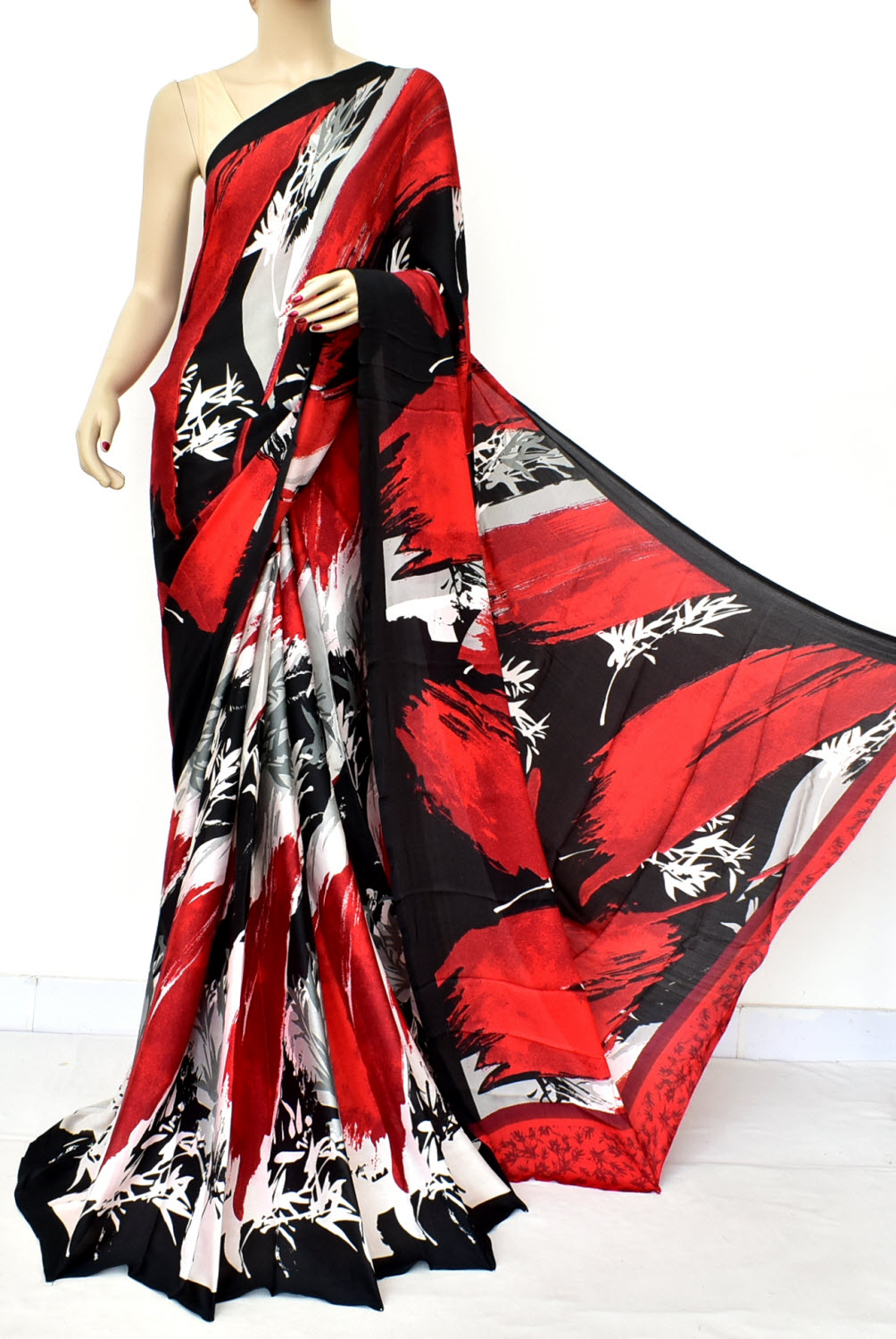Red-Black Printed Georgette Saree with Blouse