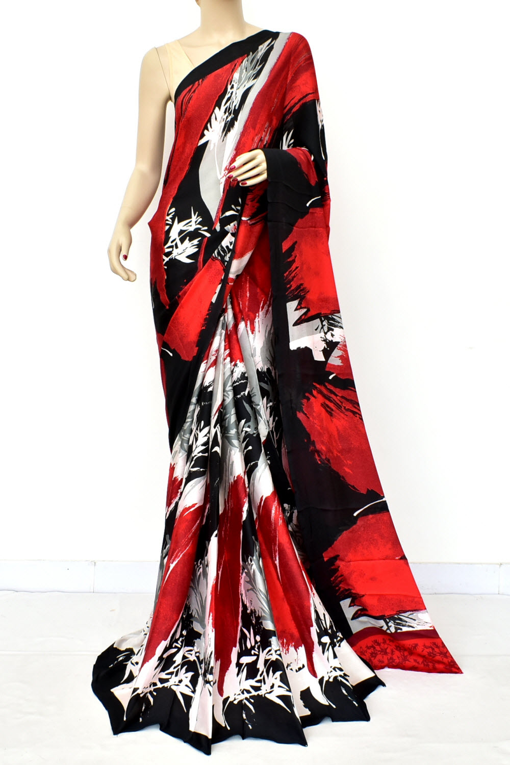 Red-Black Printed Georgette Saree with Blouse