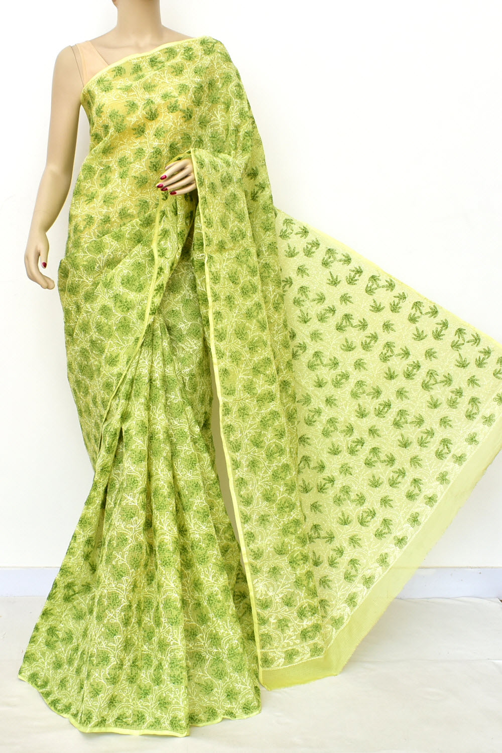 Mehandi Green Allover Hand-Embroidered Lucknowi Chikankari Tepchi work Kota Doria Cotton Saree with Blouse