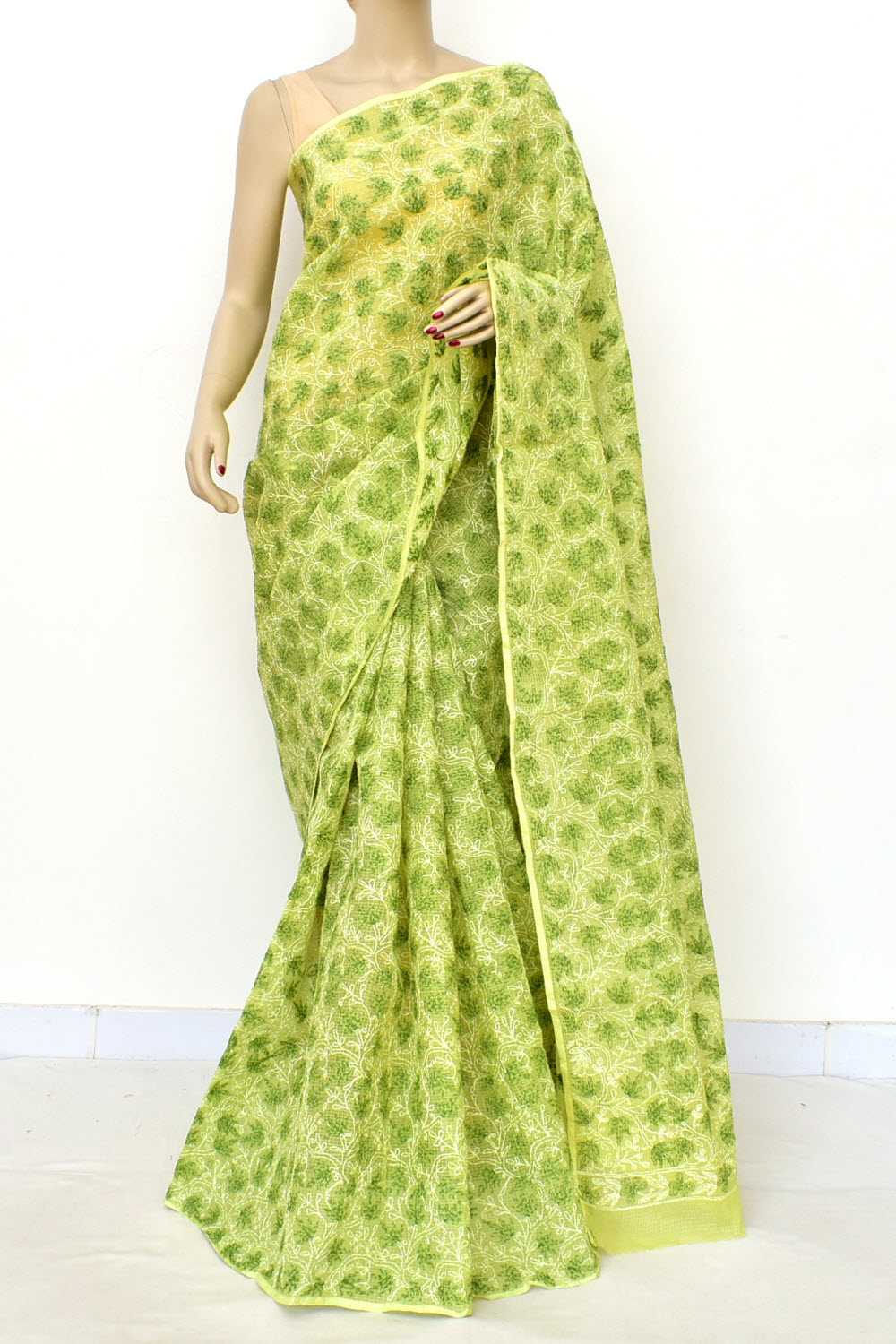 Mehandi Green Allover Hand-Embroidered Lucknowi Chikankari Tepchi work Kota Doria Cotton Saree with Blouse