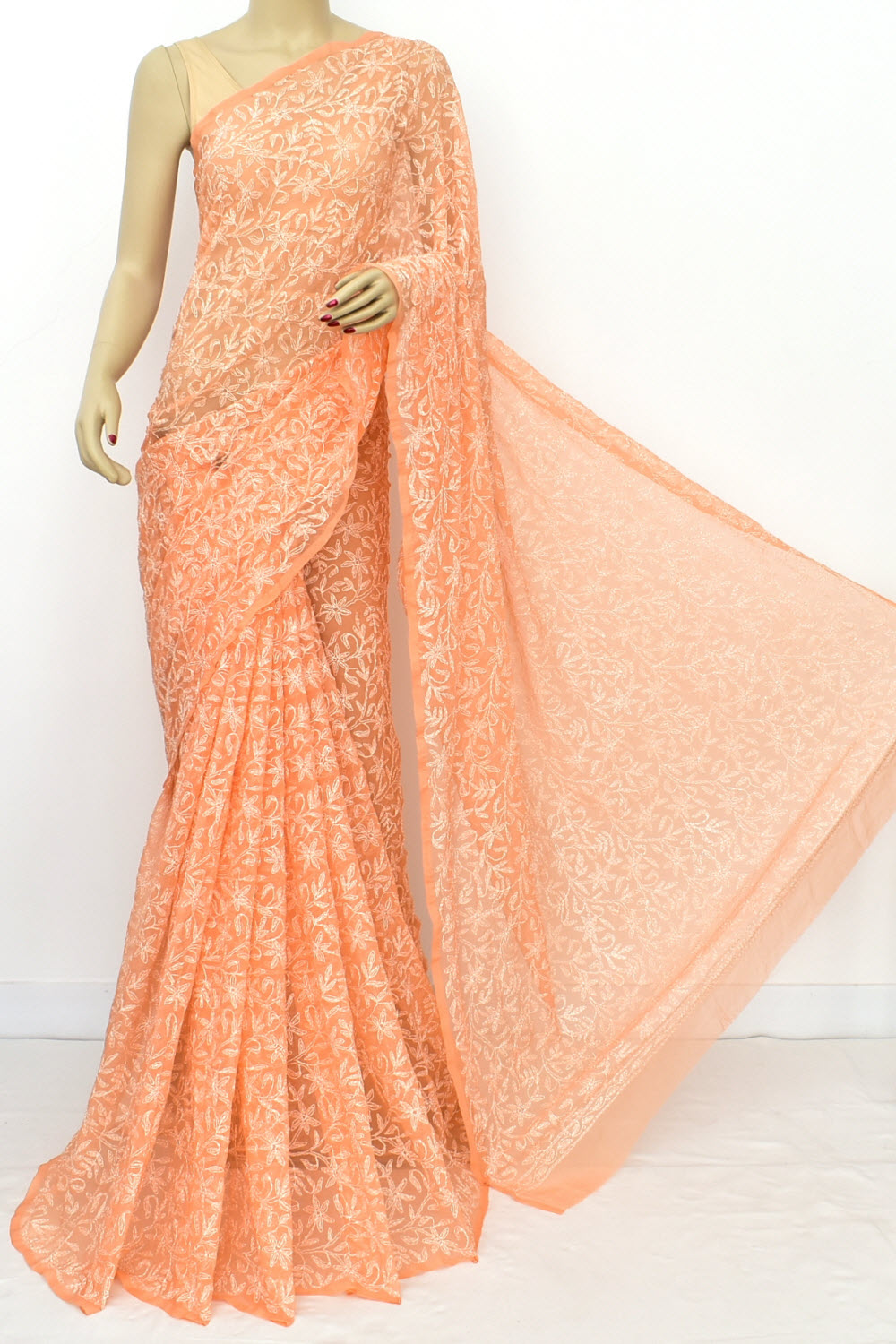 Light Orange Allover Hand-Embroidered Tepchi work Lucknowi Chikankari Georgette Saree with Blouse