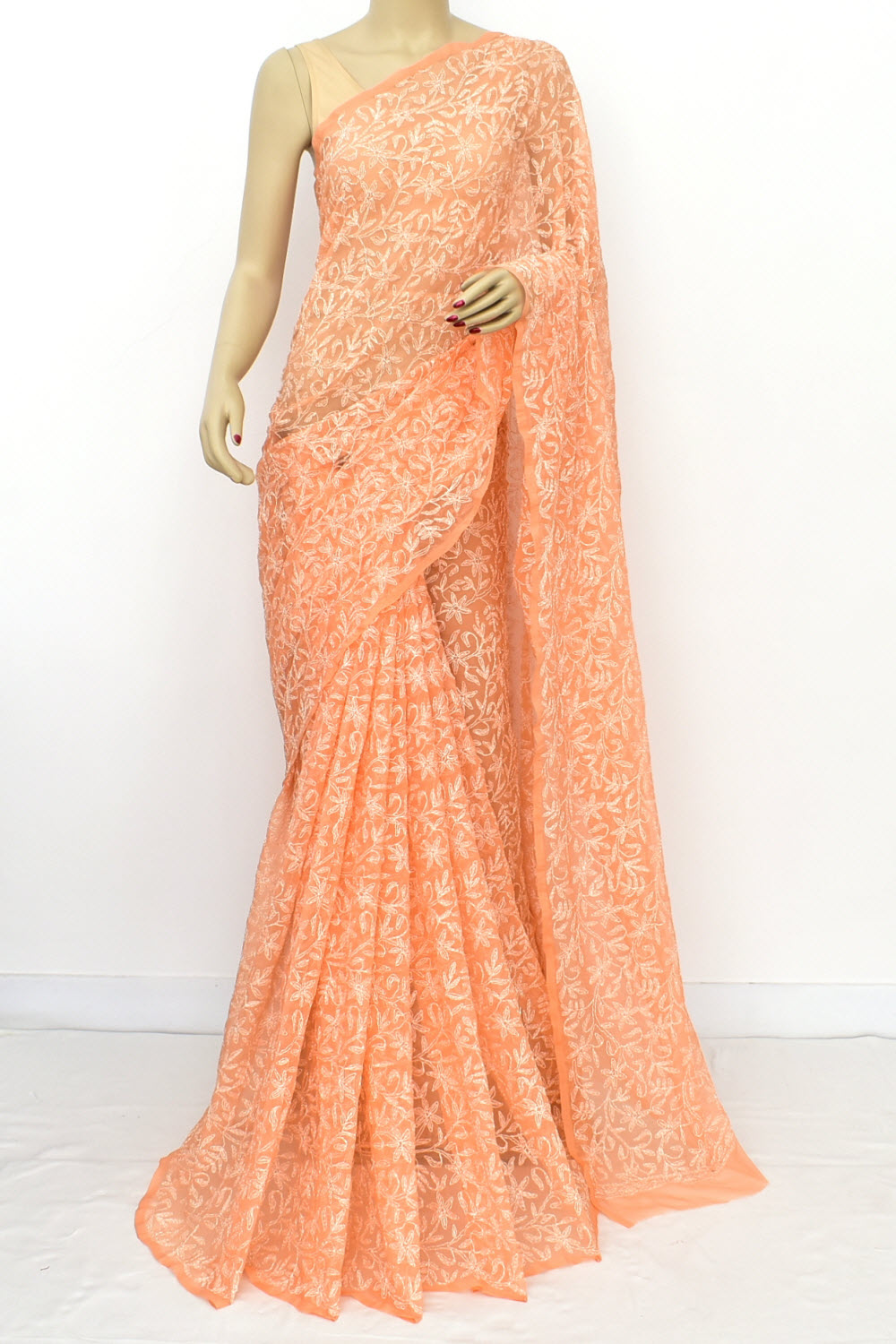 Light Orange Allover Hand-Embroidered Tepchi work Lucknowi Chikankari Georgette Saree with Blouse