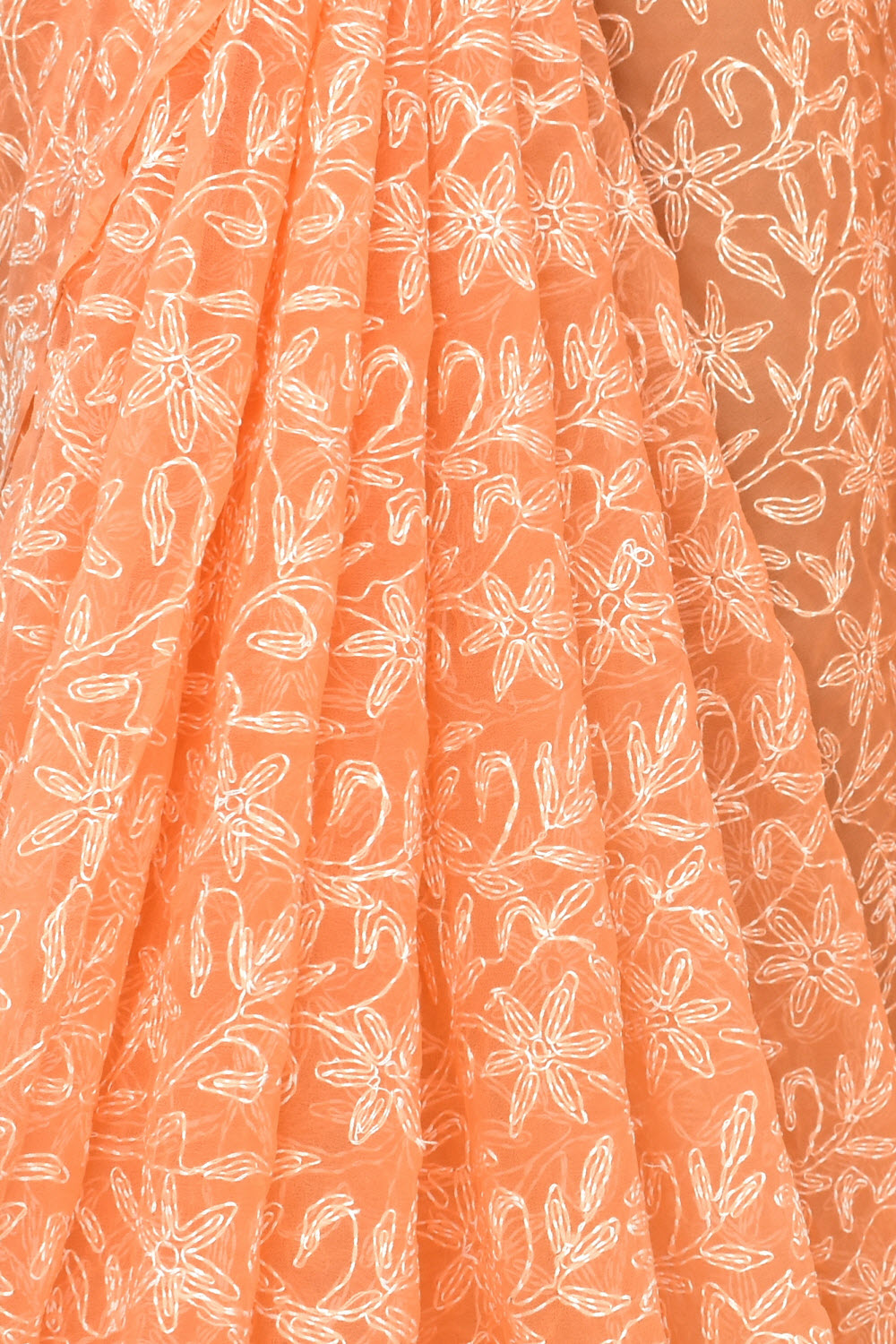 Light Orange Allover Hand-Embroidered Tepchi work Lucknowi Chikankari Georgette Saree with Blouse