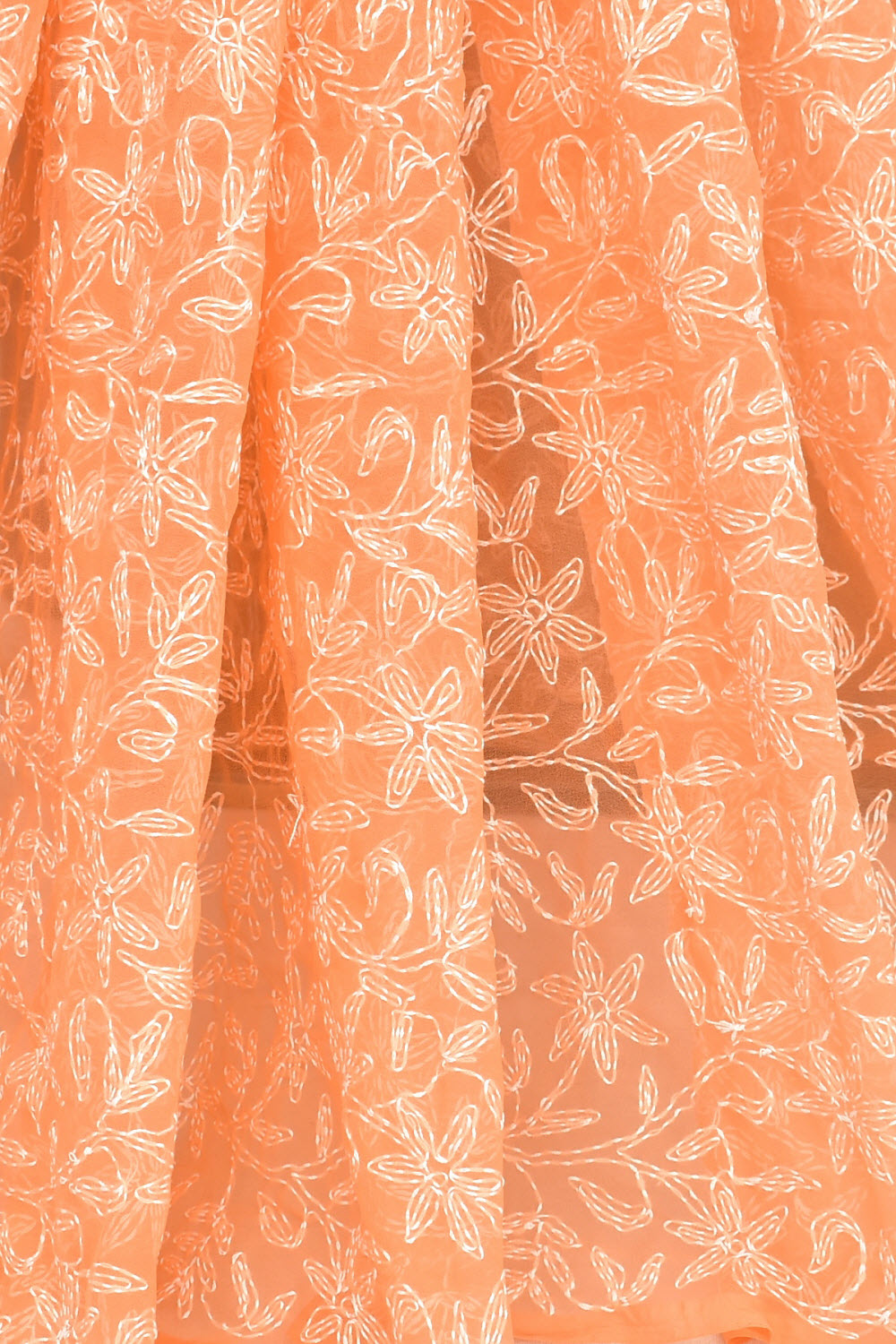 Light Orange Allover Hand-Embroidered Tepchi work Lucknowi Chikankari Georgette Saree with Blouse