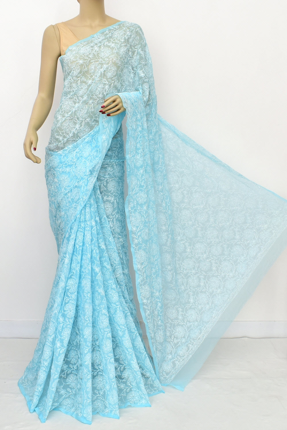 Sky Blue Allover Hand-Embroidered Tepchi work Lucknowi Chikankari Georgette Saree with Blouse