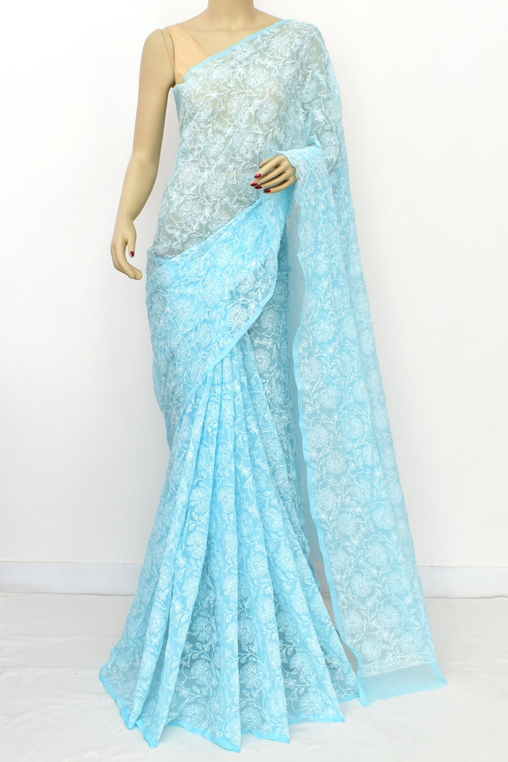 Sky Blue Allover Hand-Embroidered Tepchi work Lucknowi Chikankari Georgette Saree with Blouse