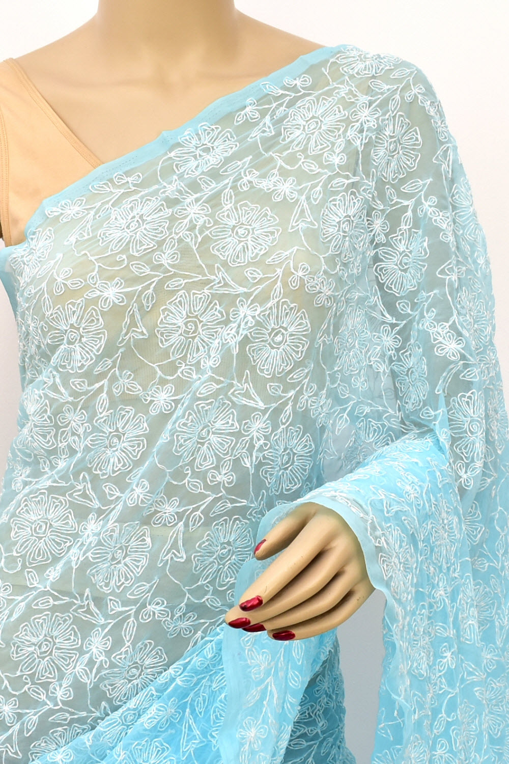 Sky Blue Allover Hand-Embroidered Tepchi work Lucknowi Chikankari Georgette Saree with Blouse