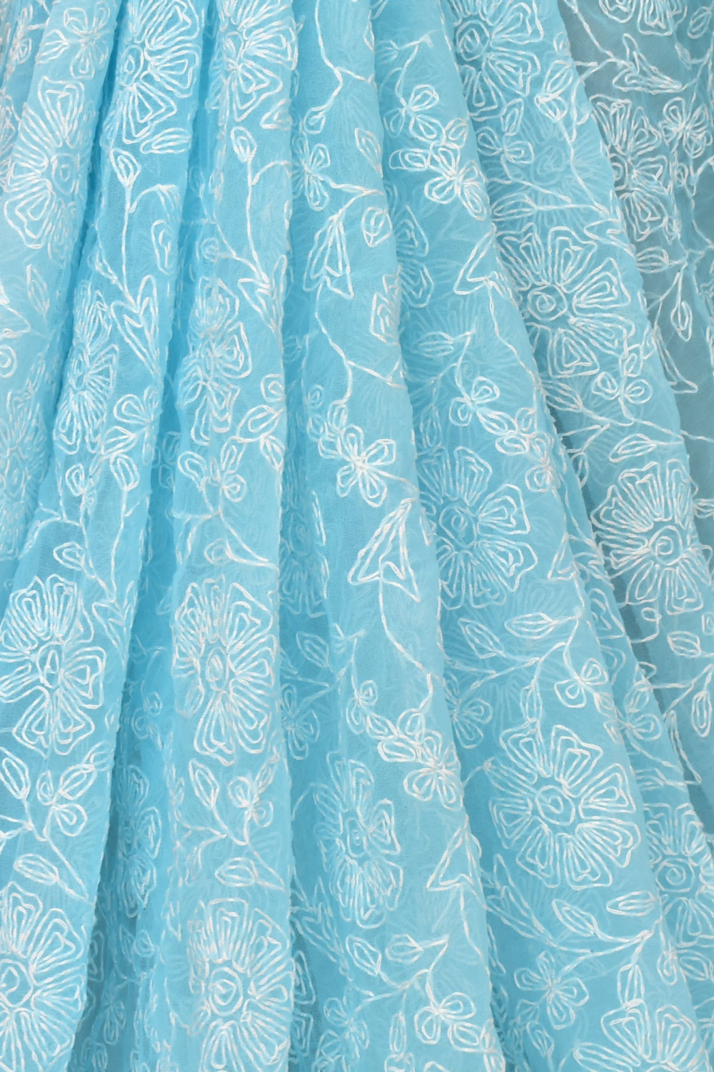 Sky Blue Allover Hand-Embroidered Tepchi work Lucknowi Chikankari Georgette Saree with Blouse