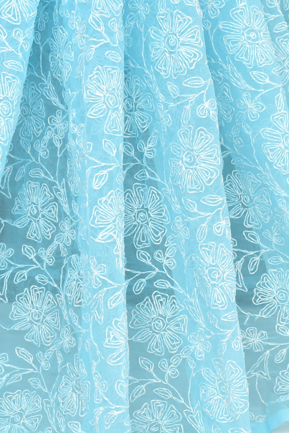 Sky Blue Allover Hand-Embroidered Tepchi work Lucknowi Chikankari Georgette Saree with Blouse