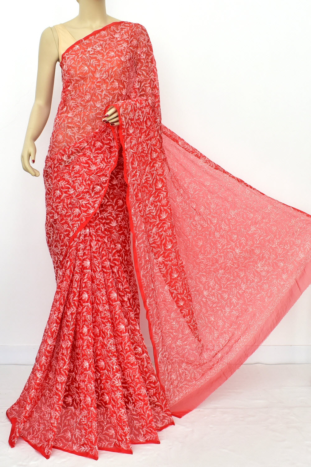 Red Allover Hand-Embroidered Tepchi work Lucknowi Chikankari Georgette Saree with Blouse