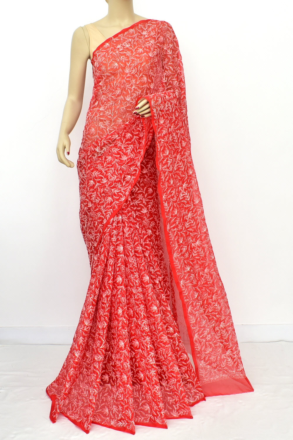 Red Allover Hand-Embroidered Tepchi work Lucknowi Chikankari Georgette Saree with Blouse