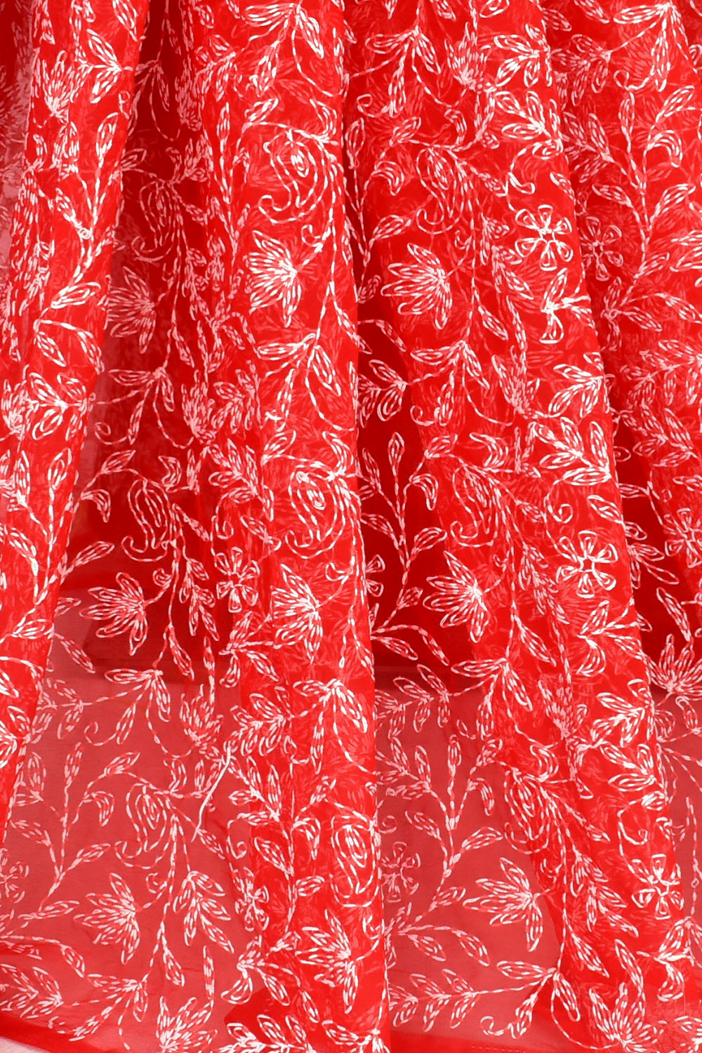 Red Allover Hand-Embroidered Tepchi work Lucknowi Chikankari Georgette Saree with Blouse