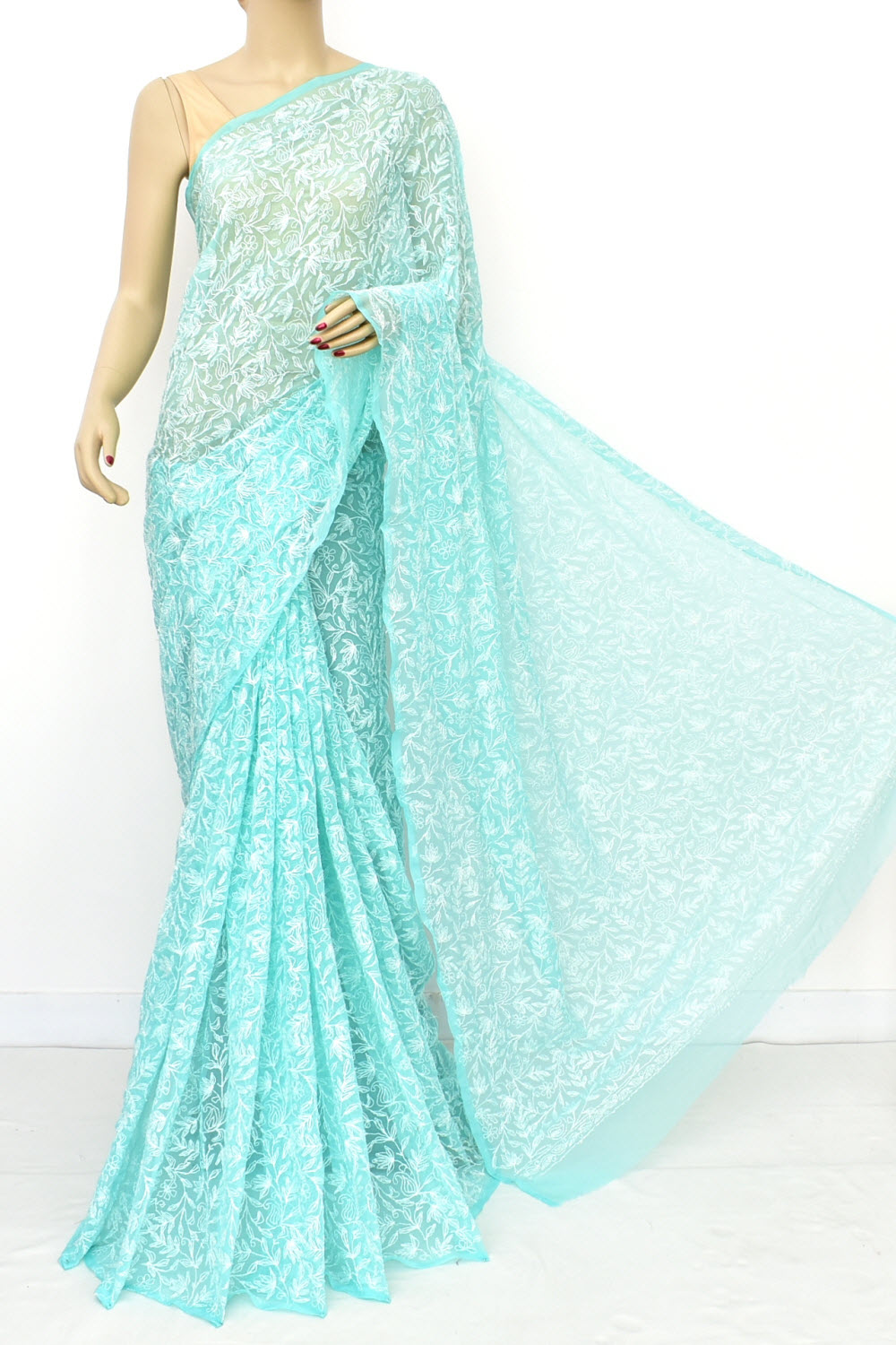 Sea Green Allover Hand-Embroidered Tepchi work Lucknowi Chikankari Georgette Saree with Blouse
