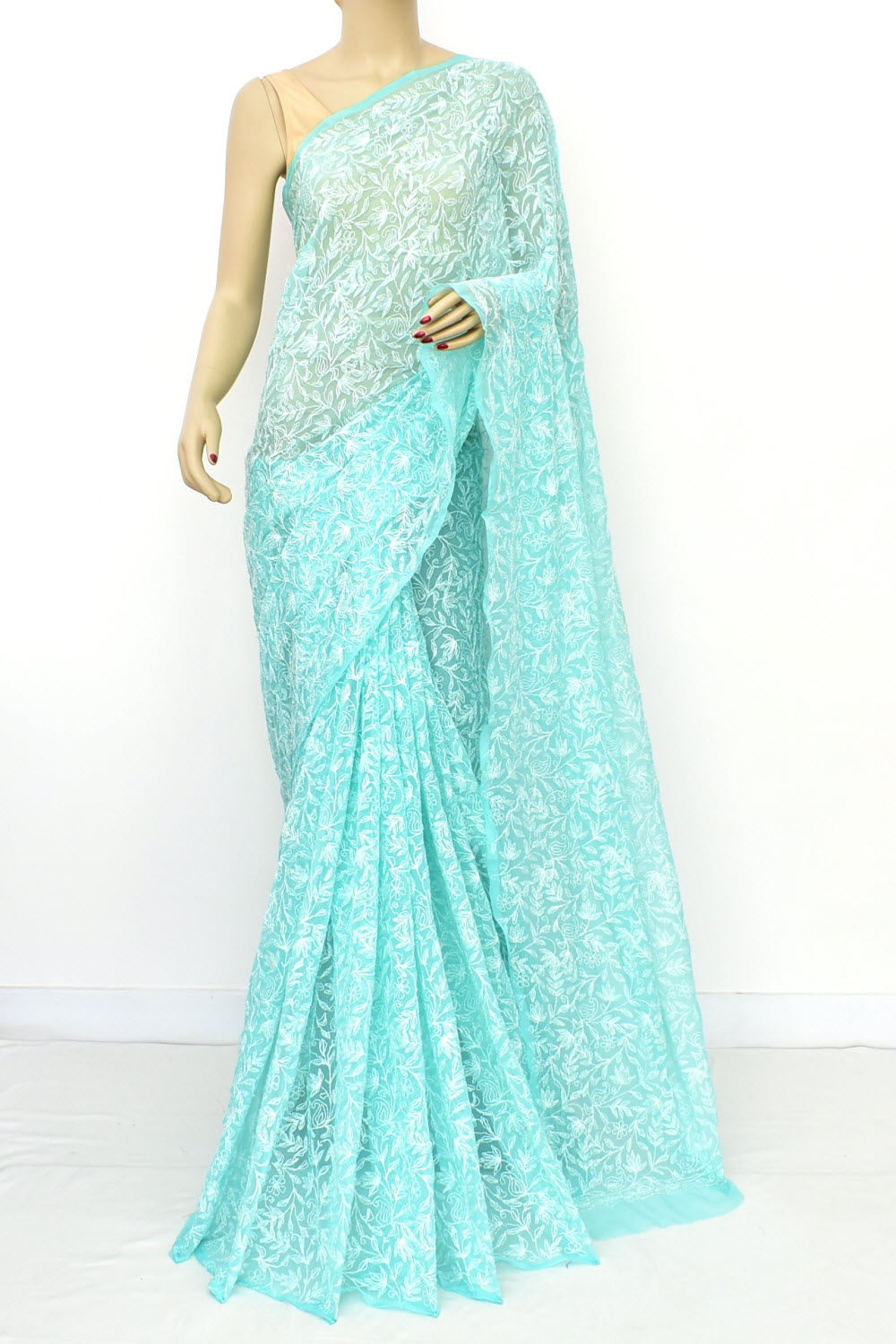 Sea Green Allover Hand-Embroidered Tepchi work Lucknowi Chikankari Georgette Saree with Blouse