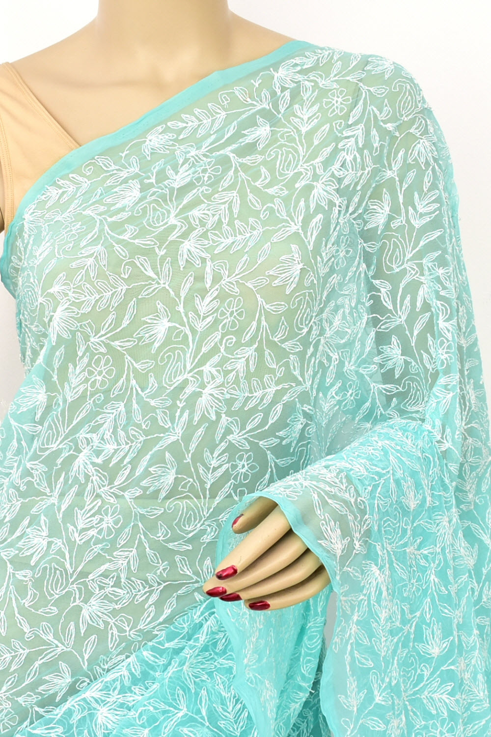 Sea Green Allover Hand-Embroidered Tepchi work Lucknowi Chikankari Georgette Saree with Blouse