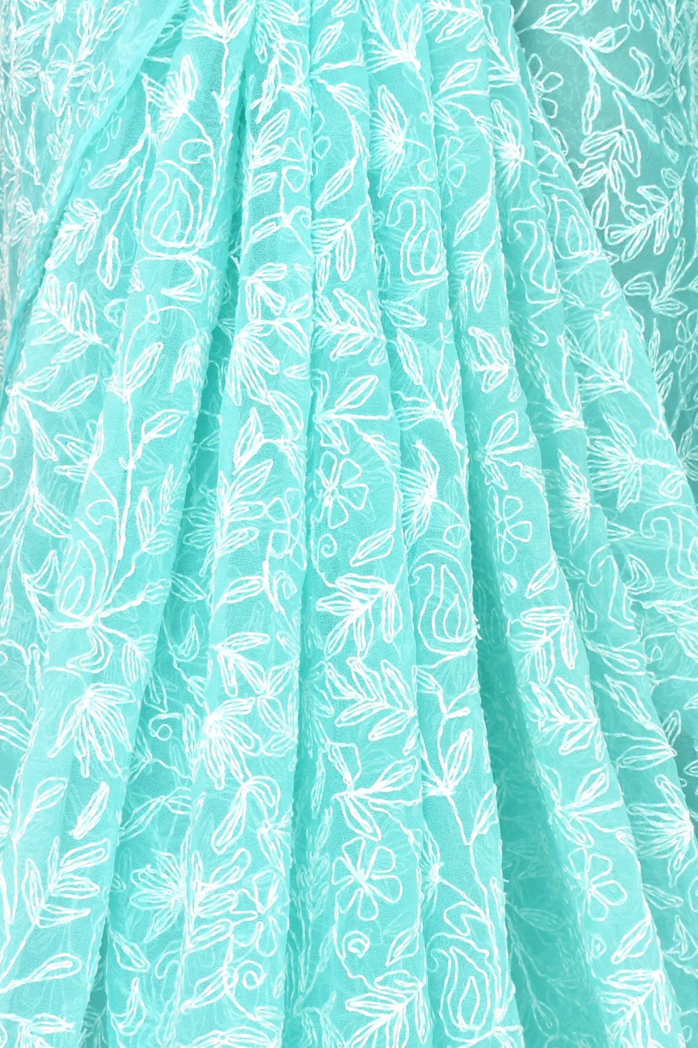 Sea Green Allover Hand-Embroidered Tepchi work Lucknowi Chikankari Georgette Saree with Blouse