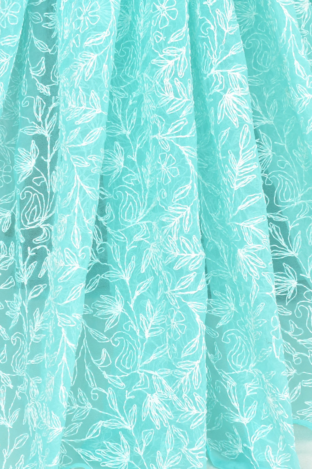 Sea Green Allover Hand-Embroidered Tepchi work Lucknowi Chikankari Georgette Saree with Blouse