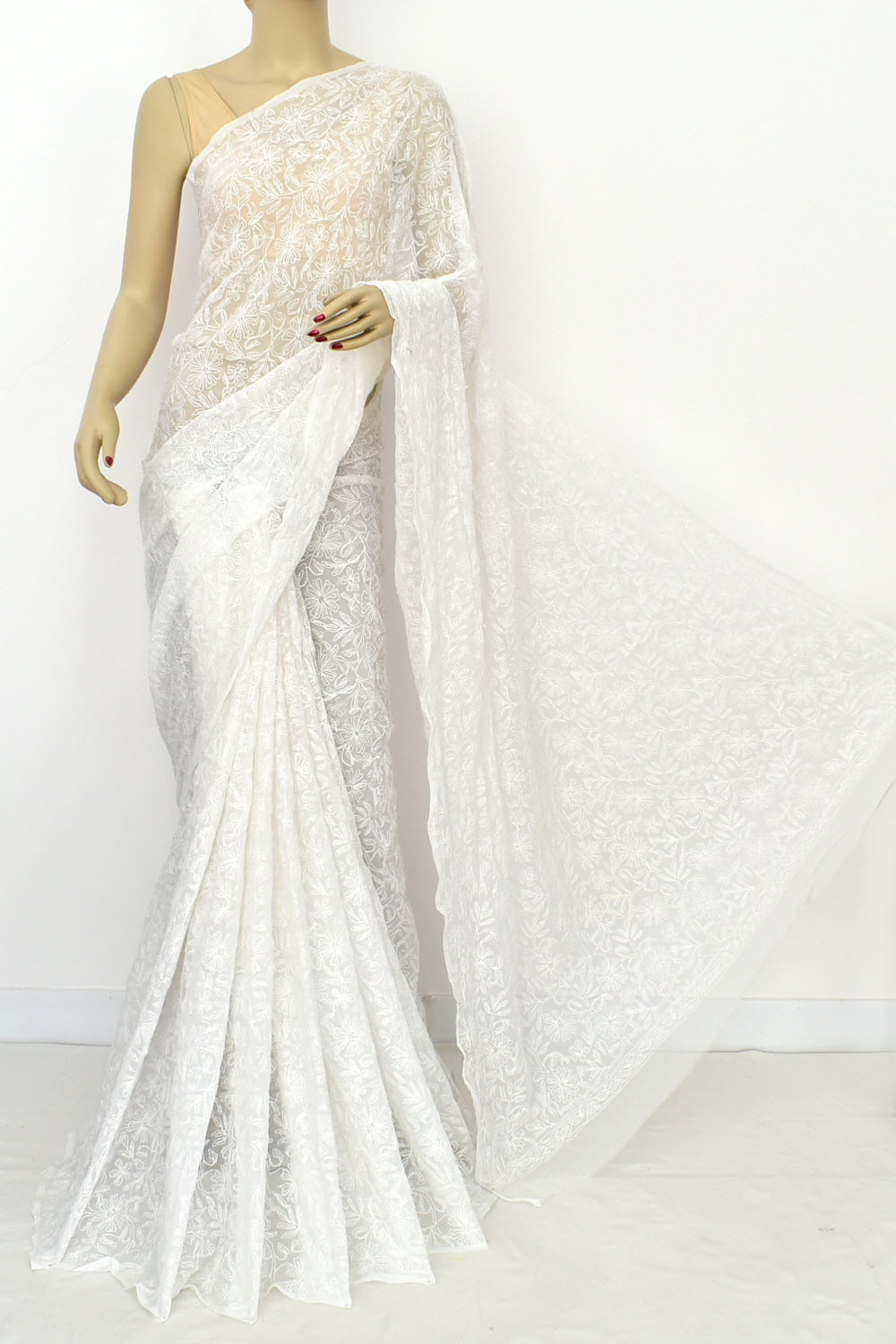 White Allover Hand-Embroidered Tepchi work Lucknowi Chikankari Georgette Saree with Blouse