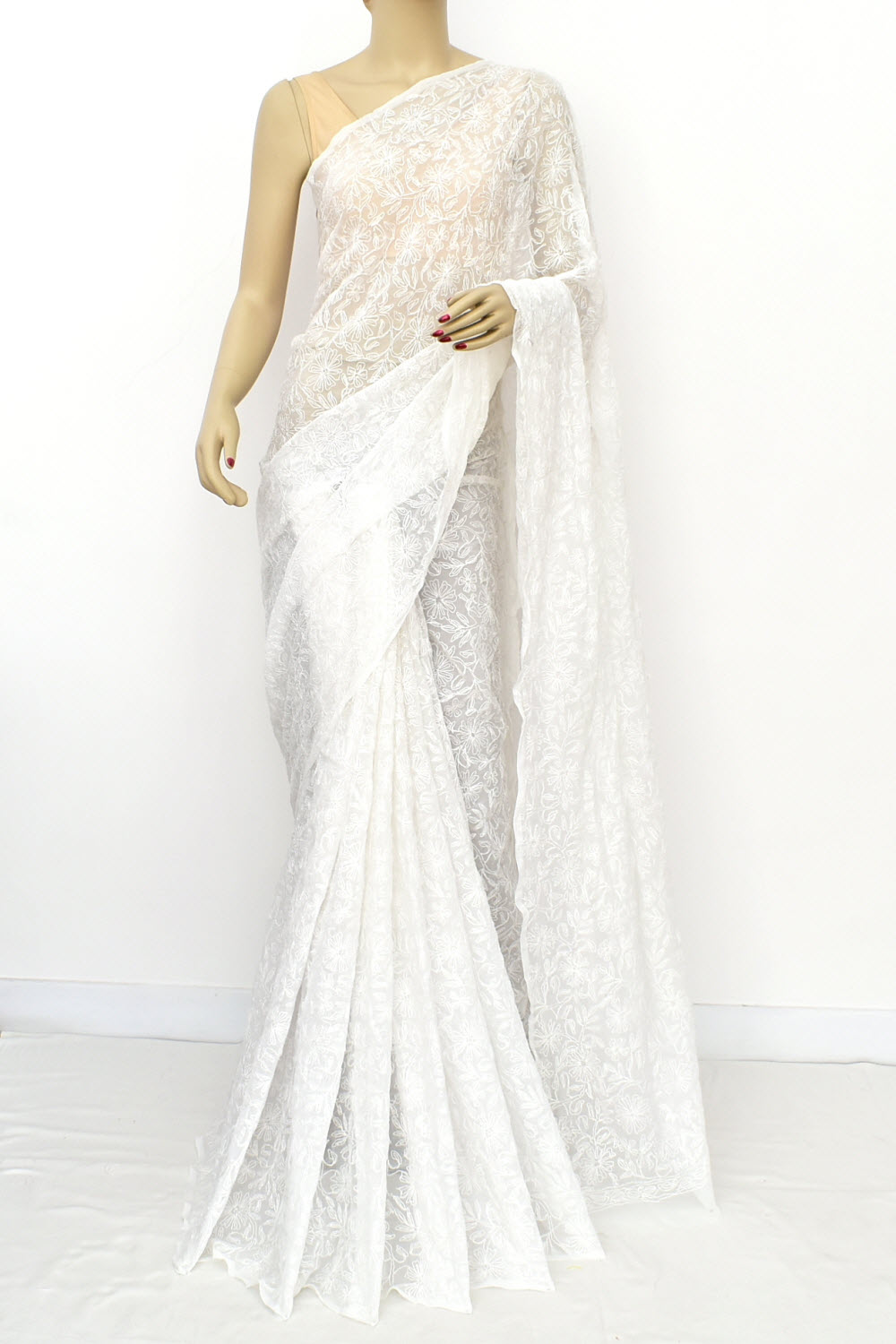 White Allover Hand-Embroidered Tepchi work Lucknowi Chikankari Georgette Saree with Blouse