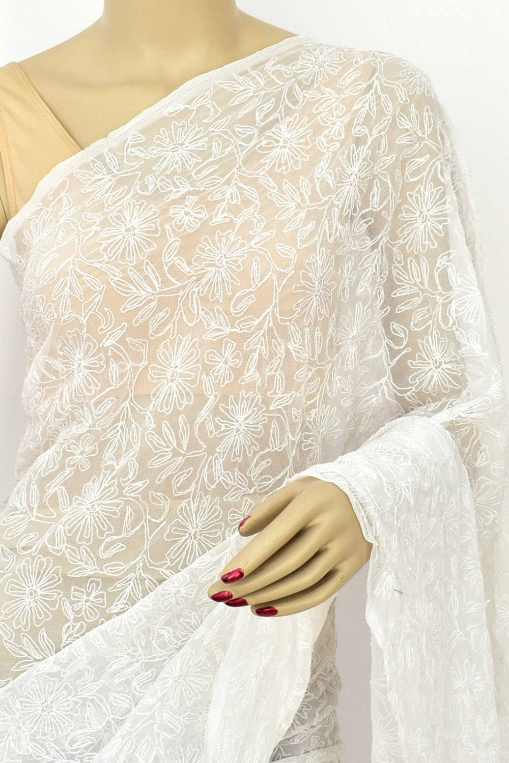 White Allover Hand-Embroidered Tepchi work Lucknowi Chikankari Georgette Saree with Blouse