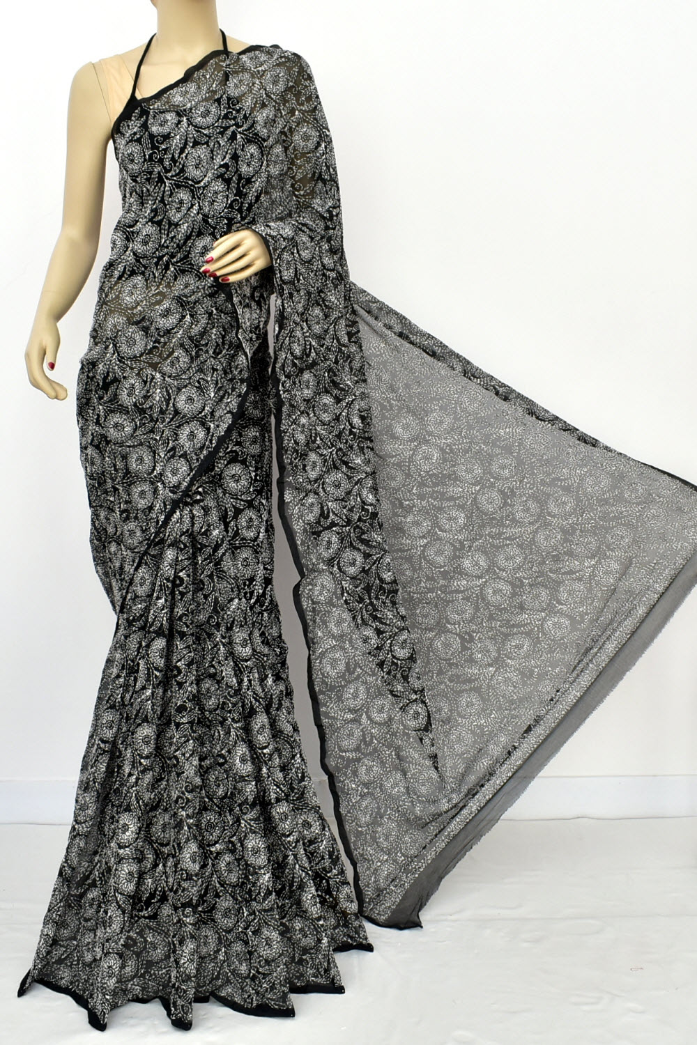 Black Allover Hand-Embroidered Tepchi work Lucknowi Chikankari Georgette Saree with Blouse