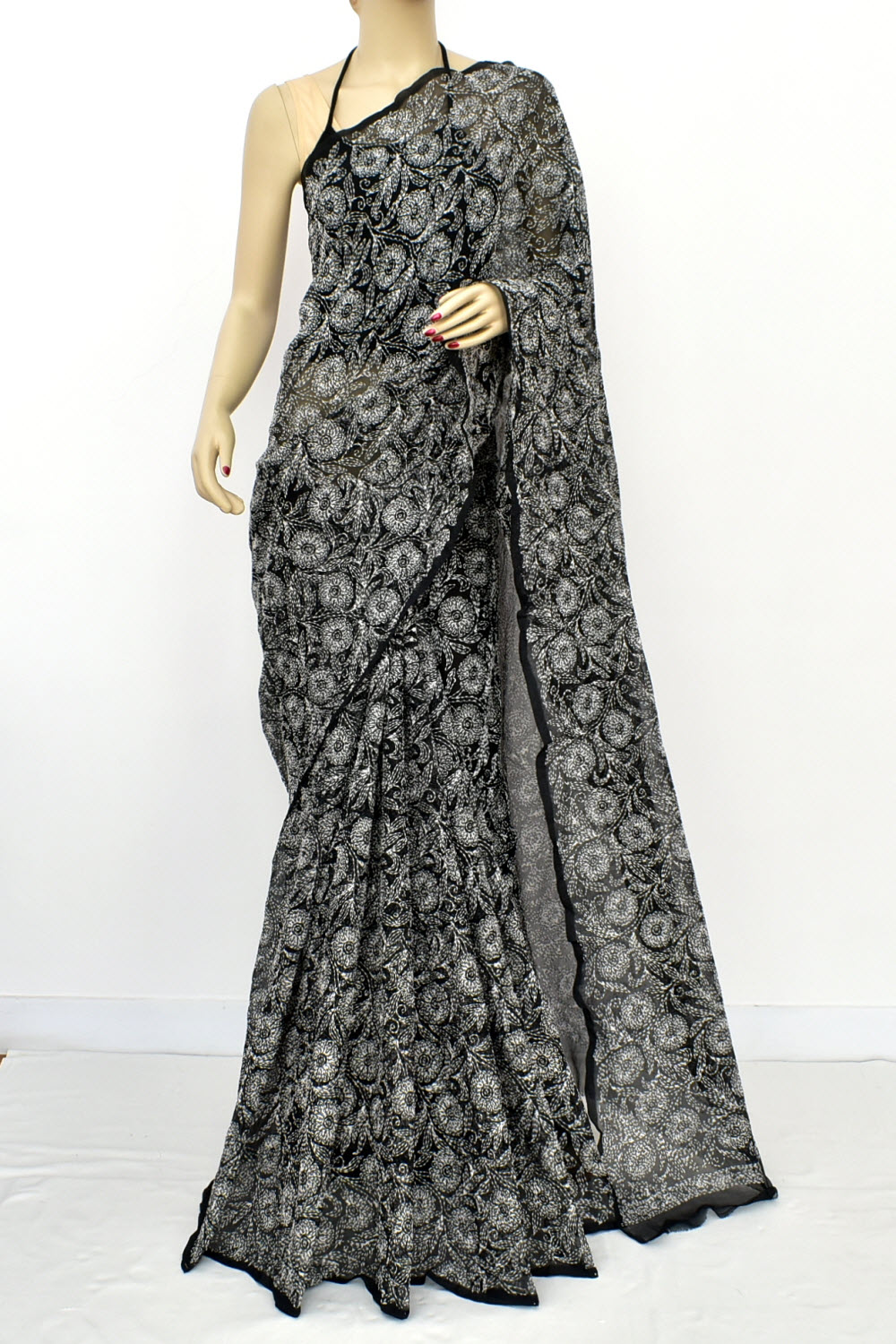 Black Allover Hand-Embroidered Tepchi work Lucknowi Chikankari Georgette Saree with Blouse