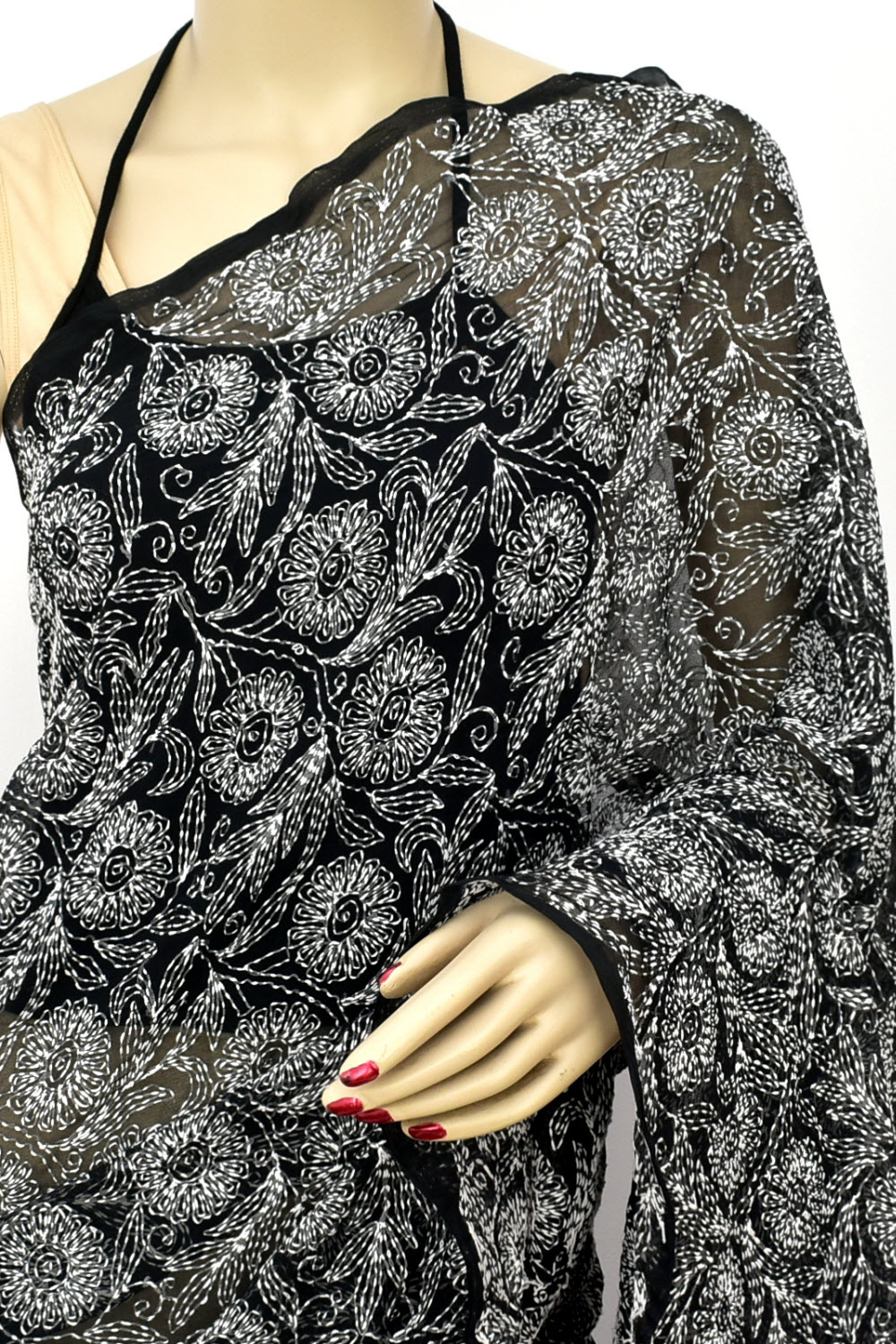 Black Allover Hand-Embroidered Tepchi work Lucknowi Chikankari Georgette Saree with Blouse