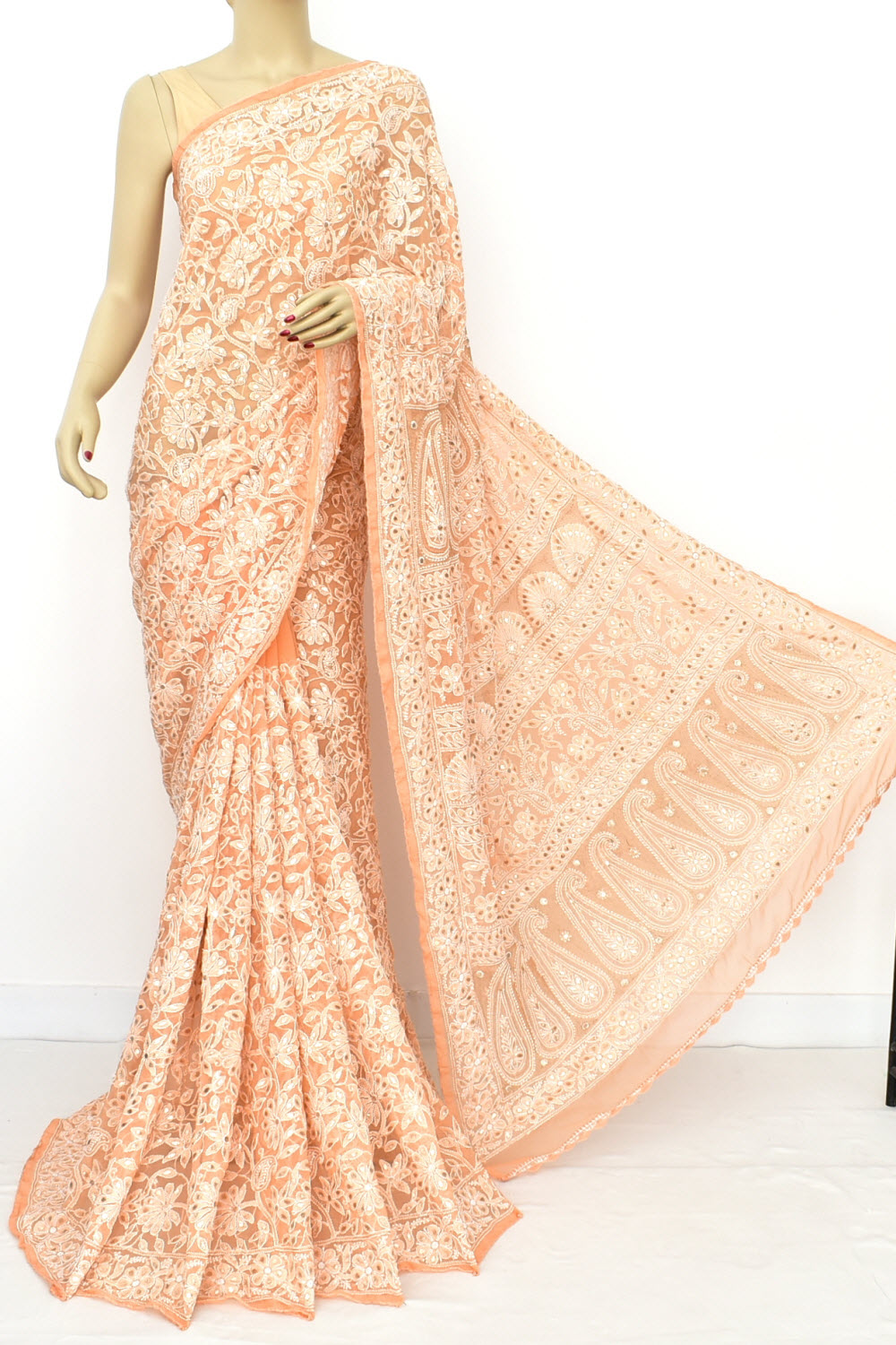 Light Orange Allover Hand-Embroidered Lucknowi Chikankari Georgette Saree with Blouse embellished with Gota Patti