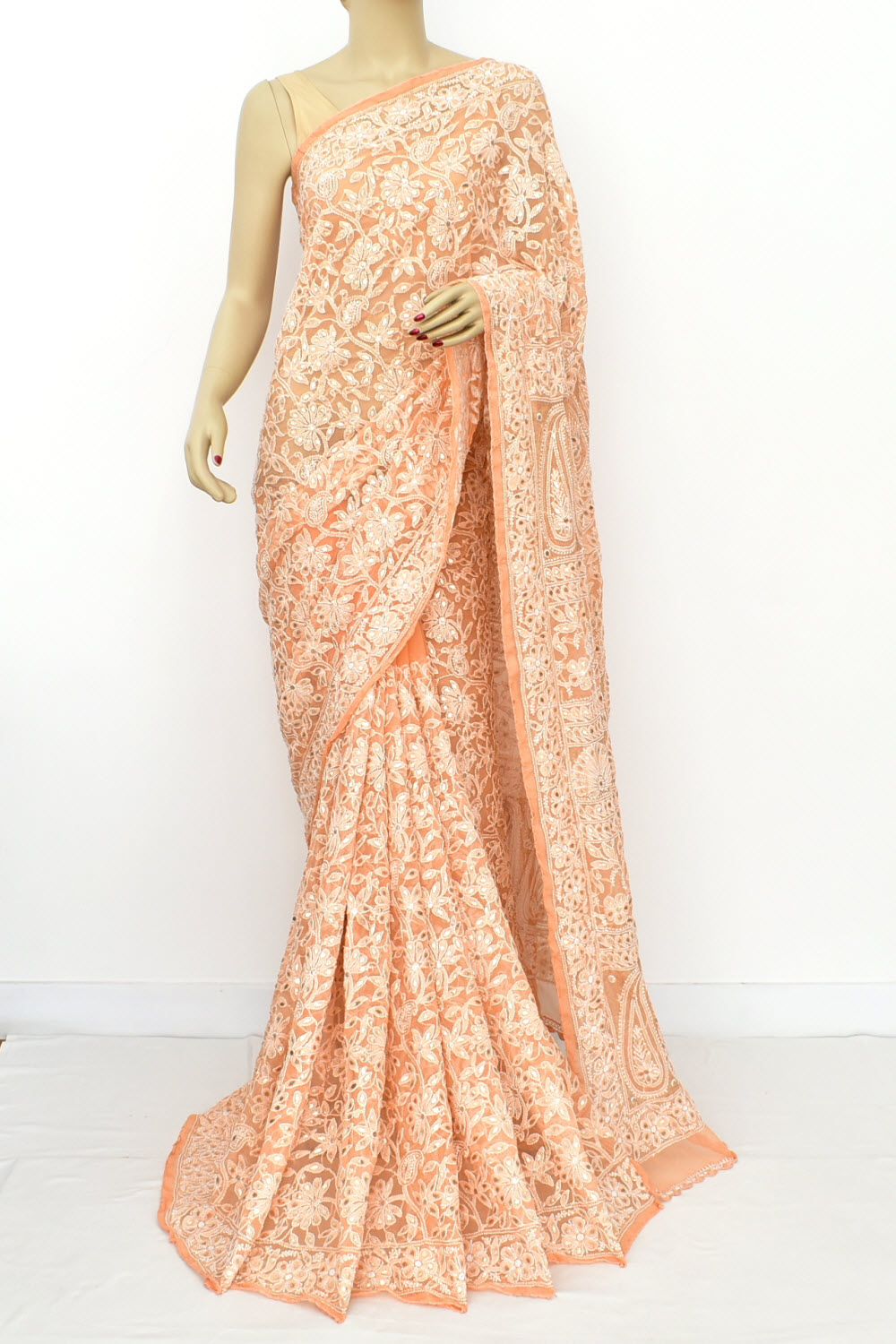 Light Orange Allover Hand-Embroidered Lucknowi Chikankari Georgette Saree with Blouse embellished with Gota Patti