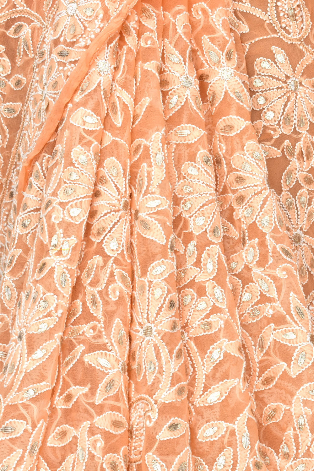 Light Orange Allover Hand-Embroidered Lucknowi Chikankari Georgette Saree with Blouse embellished with Gota Patti