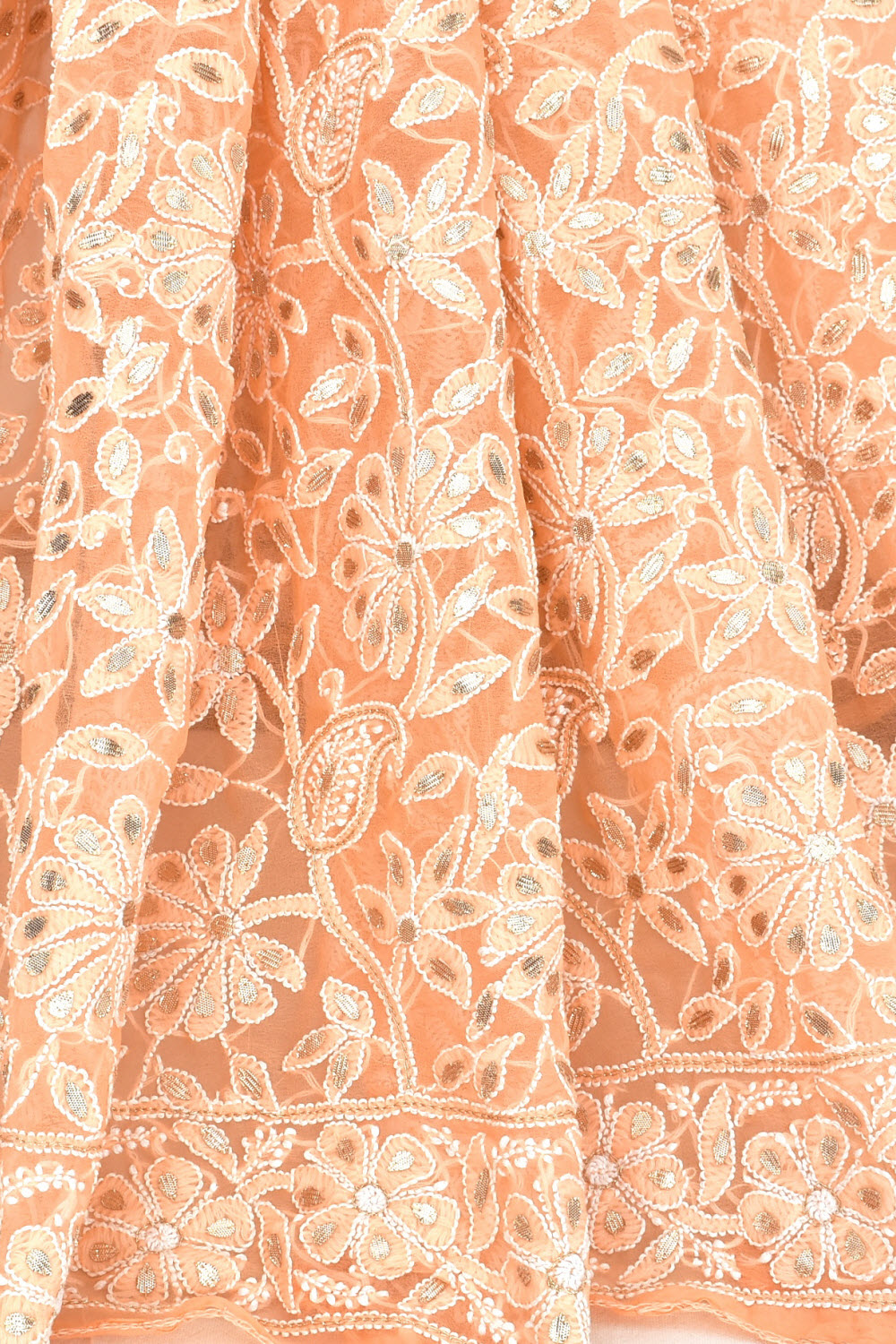 Light Orange Allover Hand-Embroidered Lucknowi Chikankari Georgette Saree with Blouse embellished with Gota Patti