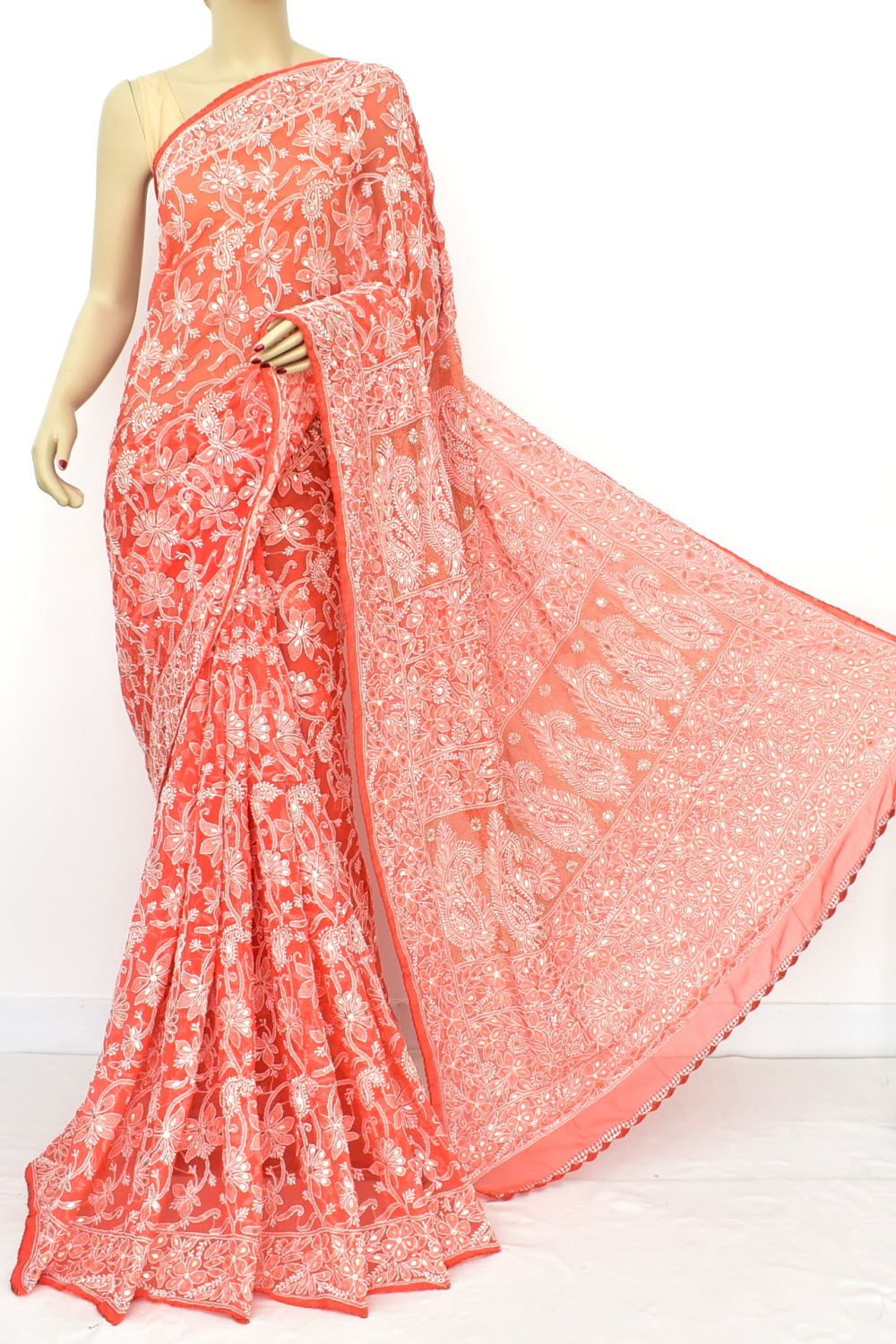 Carrot Red Allover Hand-Embroidered Lucknowi Chikankari Georgette Saree with Blouse embellished with Gota Patti