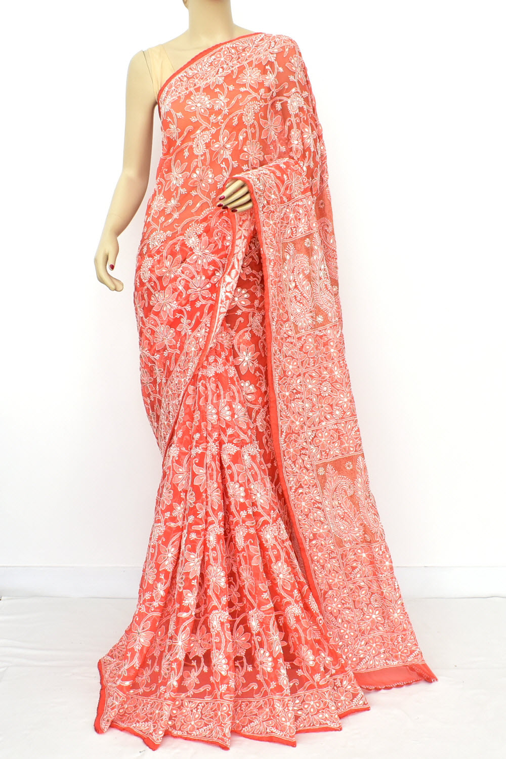 Carrot Red Allover Hand-Embroidered Lucknowi Chikankari Georgette Saree with Blouse embellished with Gota Patti