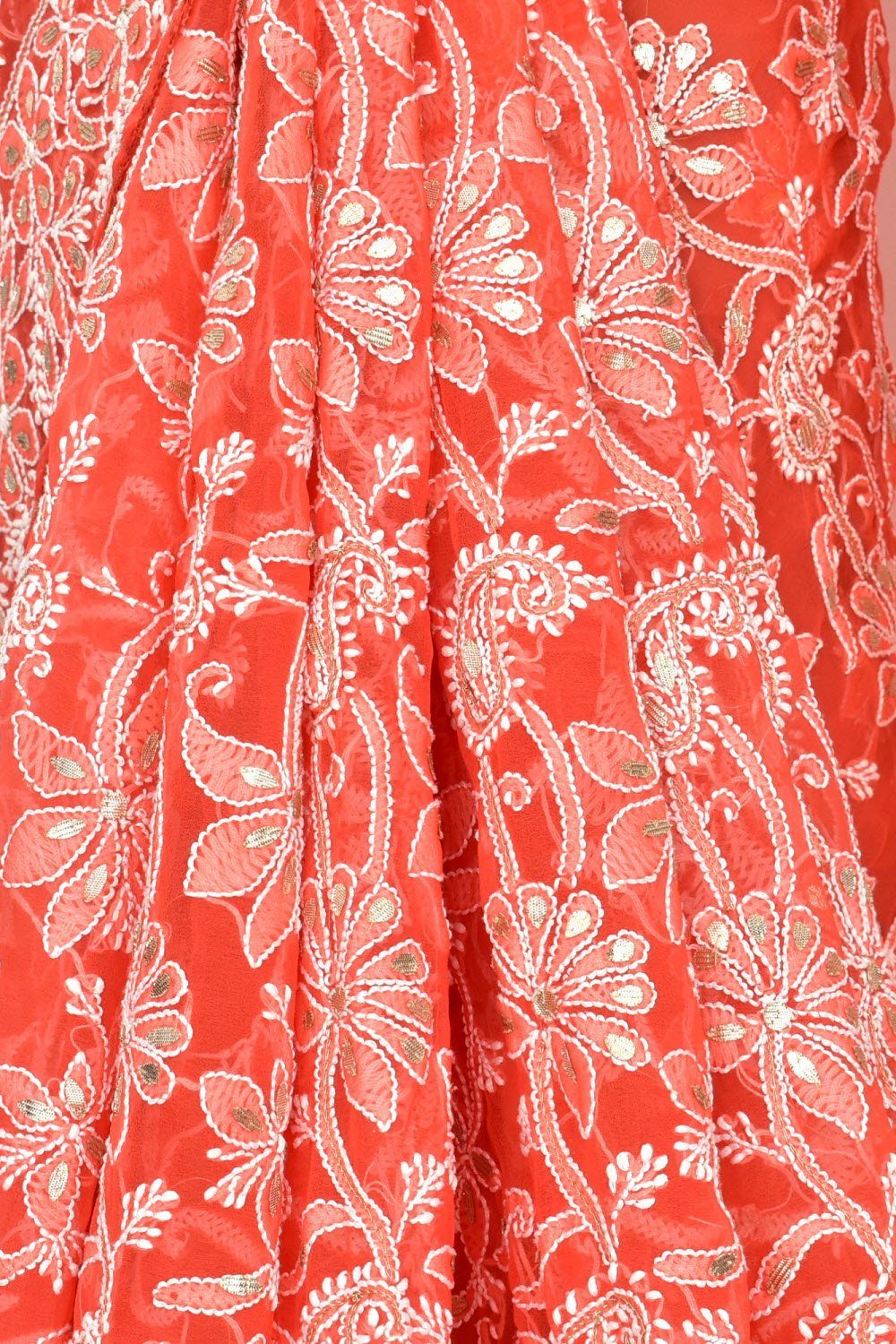 Carrot Red Allover Hand-Embroidered Lucknowi Chikankari Georgette Saree with Blouse embellished with Gota Patti