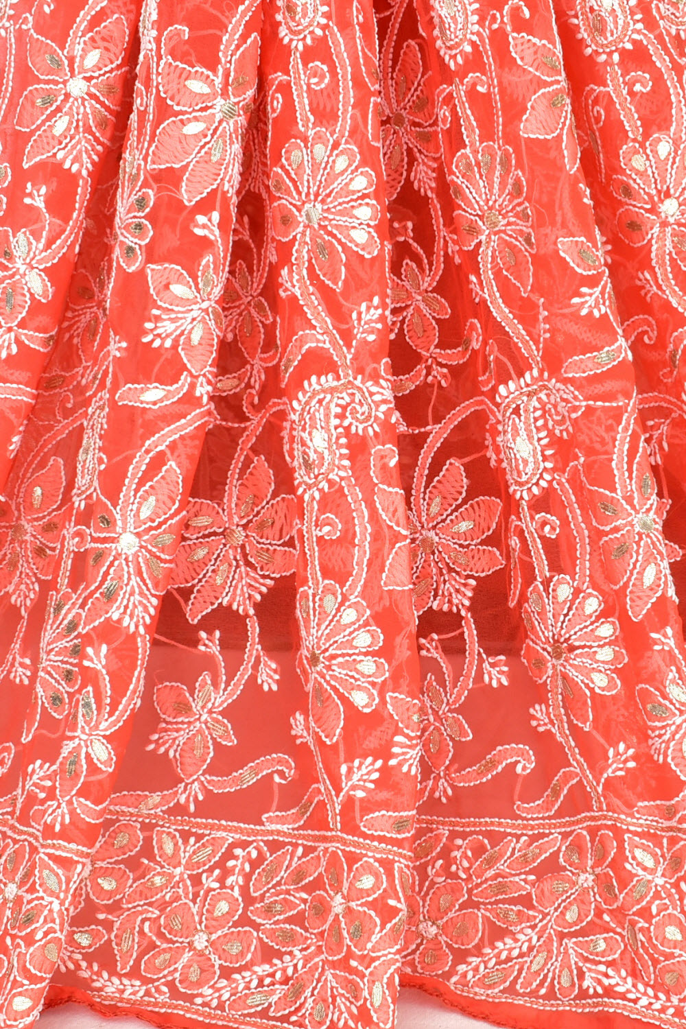 Carrot Red Allover Hand-Embroidered Lucknowi Chikankari Georgette Saree with Blouse embellished with Gota Patti