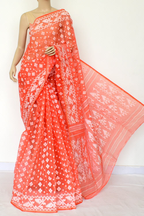 Orange Handlwoven Jamdani Tant Cotton Saree 17013