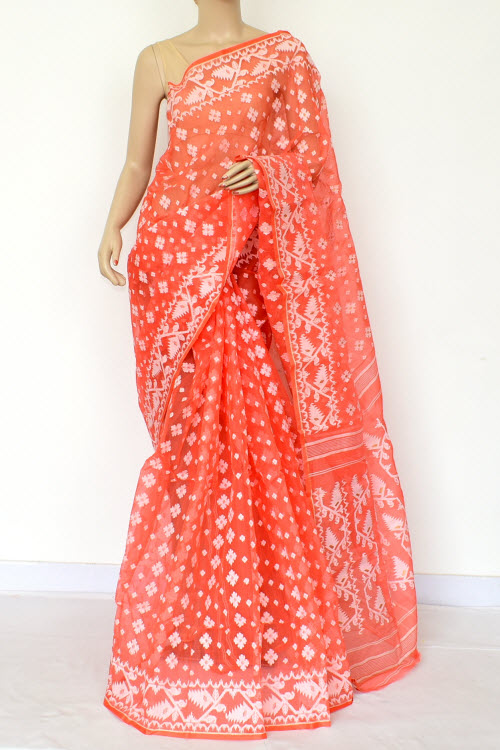 Orange Handlwoven Jamdani Tant Cotton Saree 17013