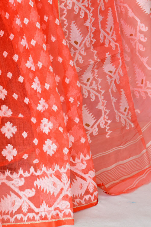 Orange Handlwoven Jamdani Tant Cotton Saree 17013